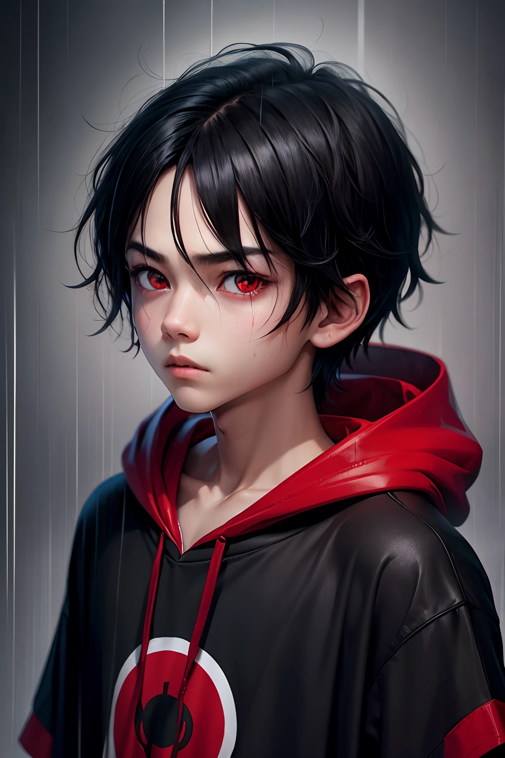 1boy, black hair, red eyes, hood t-shirt, rain, expressionless, black aura