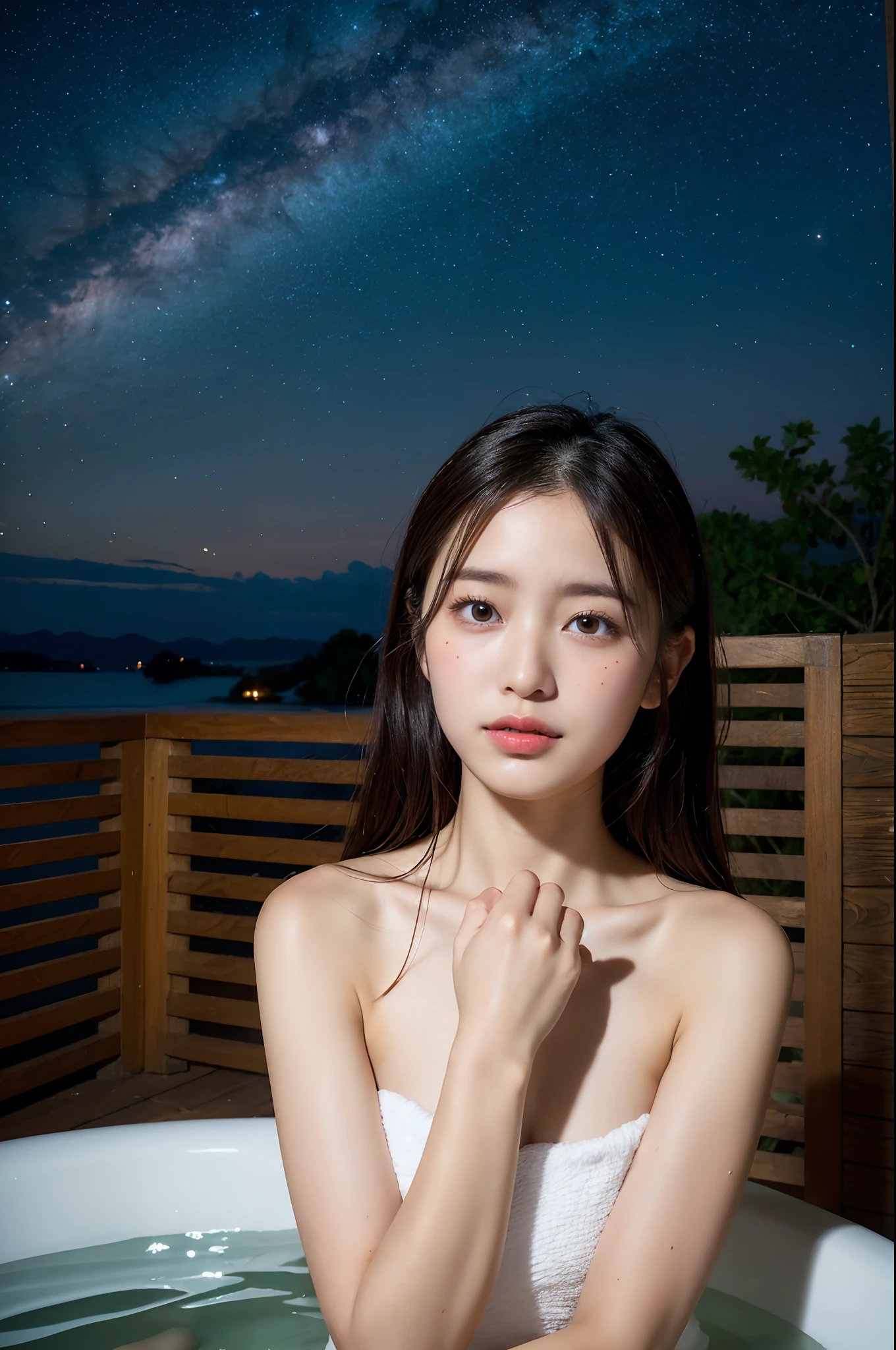 1womanl, 、(Beautiful shiny straight short long:1.2),Beautiful fingers,Beautiful long legs,Beauty Body，Cute nose，perfect  eyes，face perfect，looking at viewert，（Innocent_Big_Eyes：1.0，offcial art，extremely detailed CG unity 8k,（tmasterpiece:1.0),(best_quality:1.0), 超A high resolution,4K,ultra - detailed, photography of, 8K,hight resolution, Kodak Portra 400, film grains, the background is blurred, Bokeh:1.2, Lens Flare Glow, ( Vibrant_Color:1.2) (Beautiful,Large_breasts:1.4), (Beautiful_Face:1.5),(narrow_waist-up),8K,Raw photo, 、Relax at a ryokan in Japan、The background is the open-air bath at night at a hot spring inn (Girls are not subjects:1.3) (Hair after a bath:1.3),,(Hair is wet:1.3) (There are only two small lights in the open-air bath.:1.3) ((You can see the beautiful starry sky and the moon:1.3)),((For an open-air bath along a mountain stream、There is a beautiful wooden dressing room surrounded by Japan gardens and large rocks.:1.3)),((Deeply depicting a wide hot spring landscape:1.2),((There are only two small lights in the open-air bath.:1.3))((Girls are not subjects:1.2))((Draw the background wide:1.2)(Rock garden of Kyoto Ryoanji Temple:1.2) (((Naked with bath towel wrapped under armpits:1.5)))((The background is the protagonist:1.3))