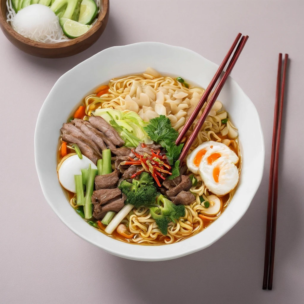 A bowl of beef noodles,Fresh vegetables,The poached egg aroma is overflowing,The brown shells are delicious,It was delicious,Pepper has a strong flavor,The yellow bamboo shoots are crispy and delicious,The fungus has a delicate taste,The final taste of tofu is great,The noodles held with chopsticks are fragrant。illustration