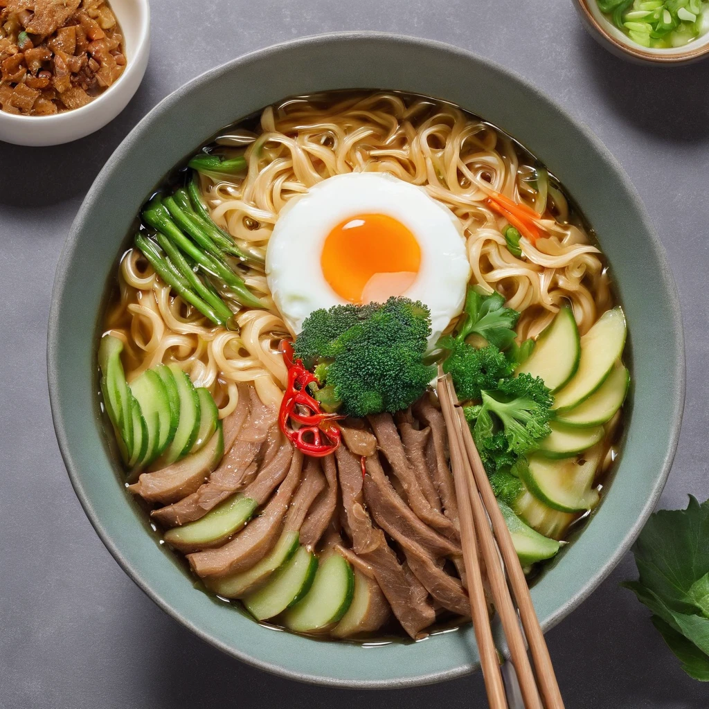 A bowl of beef noodles,Fresh vegetables,The poached egg aroma is overflowing,The brown shells are delicious,It was delicious,Pepper has a strong flavor,The yellow bamboo shoots are crispy and delicious,The fungus has a delicate taste,The final taste of tofu is great,The noodles held with chopsticks are fragrant。illustration