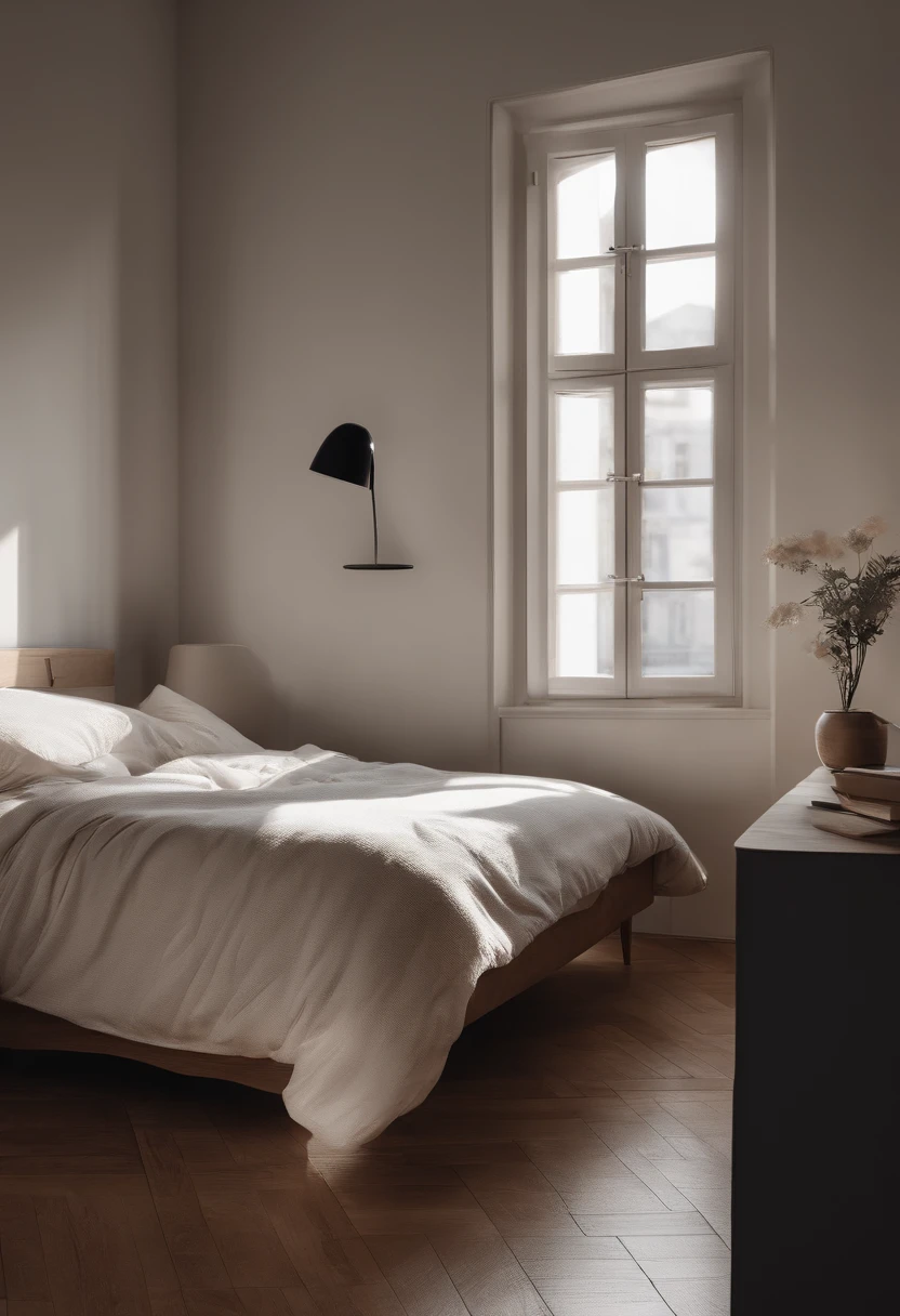 The rooms have windows, in a bedroom, In a bright room, in the room, Minimalist line drawing, lightroom (Light Room), In the style of simplified realism, Location of the apartment, Inside the bedroom, Flat perspective, In a bright room, The interior of a small room, Realistic room