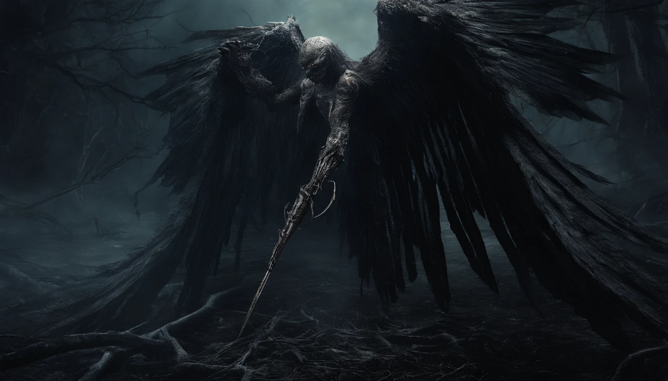 Cosmic Fallen angel, Luminous bright eyes, Biomechanical, Creepy, creepy, Nightmarish, Very bright colors, Light particles, with glowing light, Wallpaper Art, Wallpaper uhd,Medieval Clothes