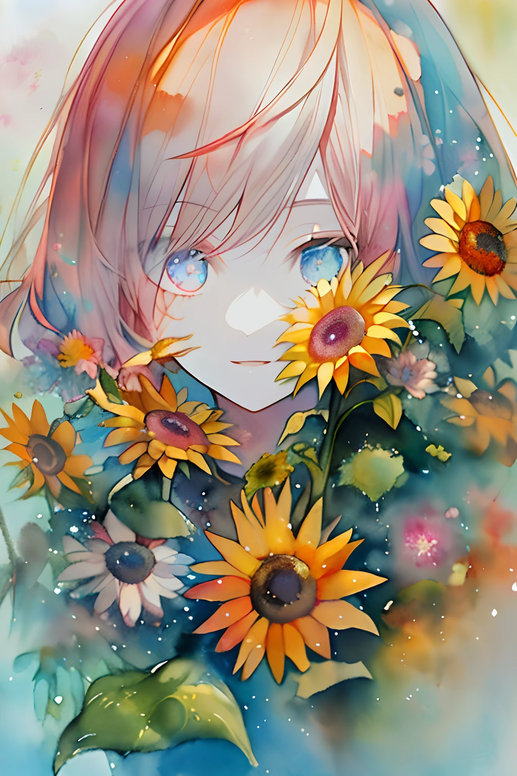 (aquarelle:1.2),1girll, Solo, flower, sunflower,freckle, Portrait, leafs, bangs, pink flower, (Light gold long) Hair, ((Delicate blue lens eyes)), hair between eye,
