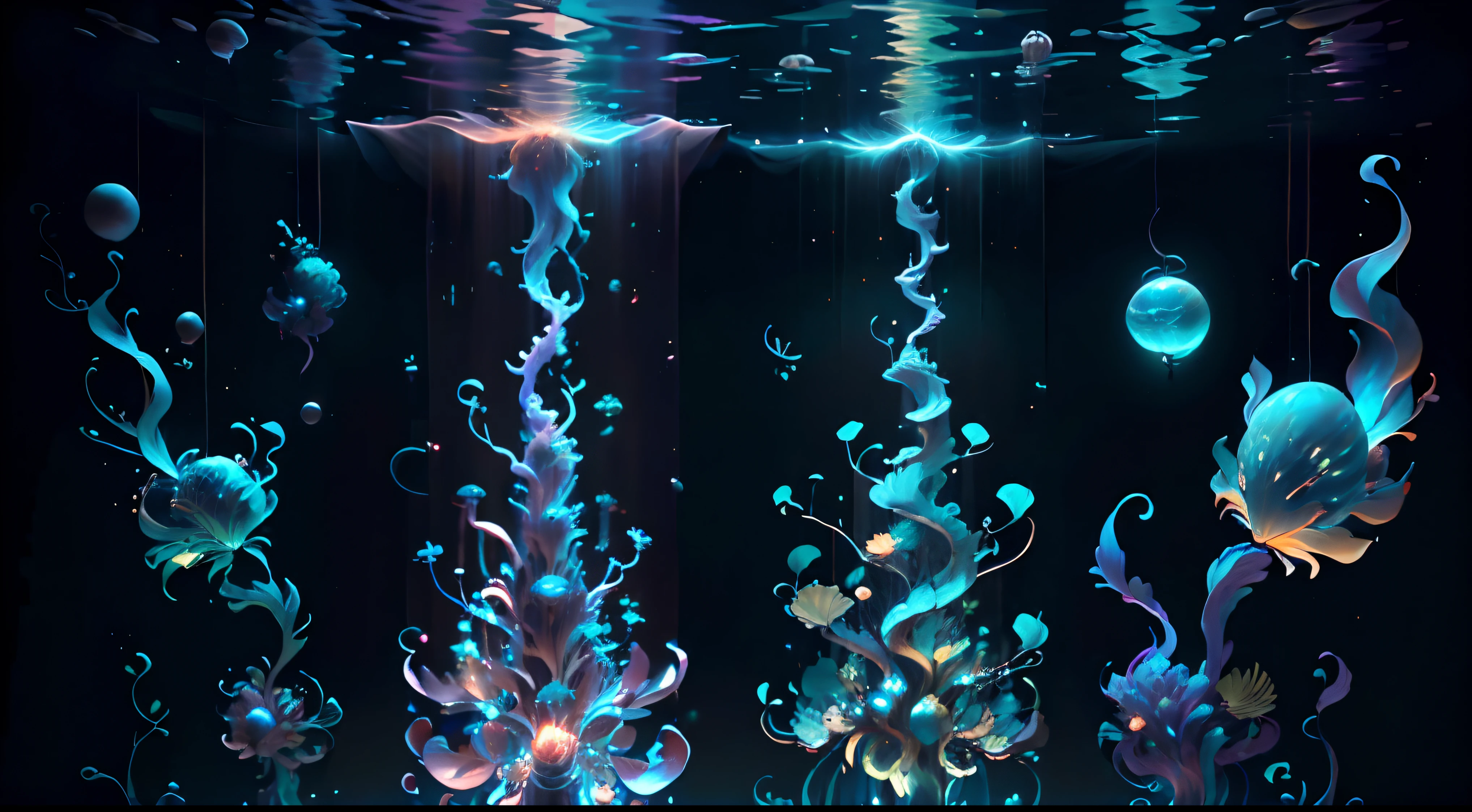medusas bioluminiscentes flotando en la profundidad del oceano, llevadas por la corriente. Colores fluidos, translucidos , fosforescentes, de colores brillantes, colores radiantes, psicodelicos,iluminan el entorno oscuro con su fosforescencia, sensacion de movimientos fluidos , arremolinados, movimiento de los tentaculos de acuerdo al arte de los fluidos en movimientoobra maestra, Beautiful psychedelic entropy