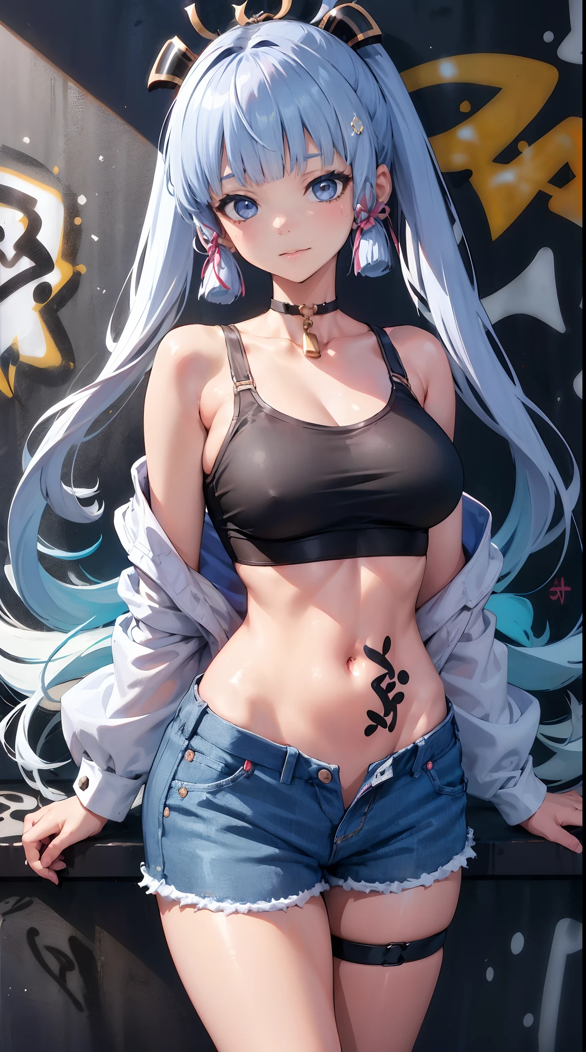 kamisato ayaka|genshin impact, master-piece, bestquality, 1girls,25 years old, oversized breasts, crop top, shorts jeans, oversized breasts, ,bara, crop top, shorts jeans, choker, (Graffiti:1.5), Splash with purple lightning pattern., arm behind back, against wall, View viewers from the front., Thigh strap, Head tilt, bored, water eyes,