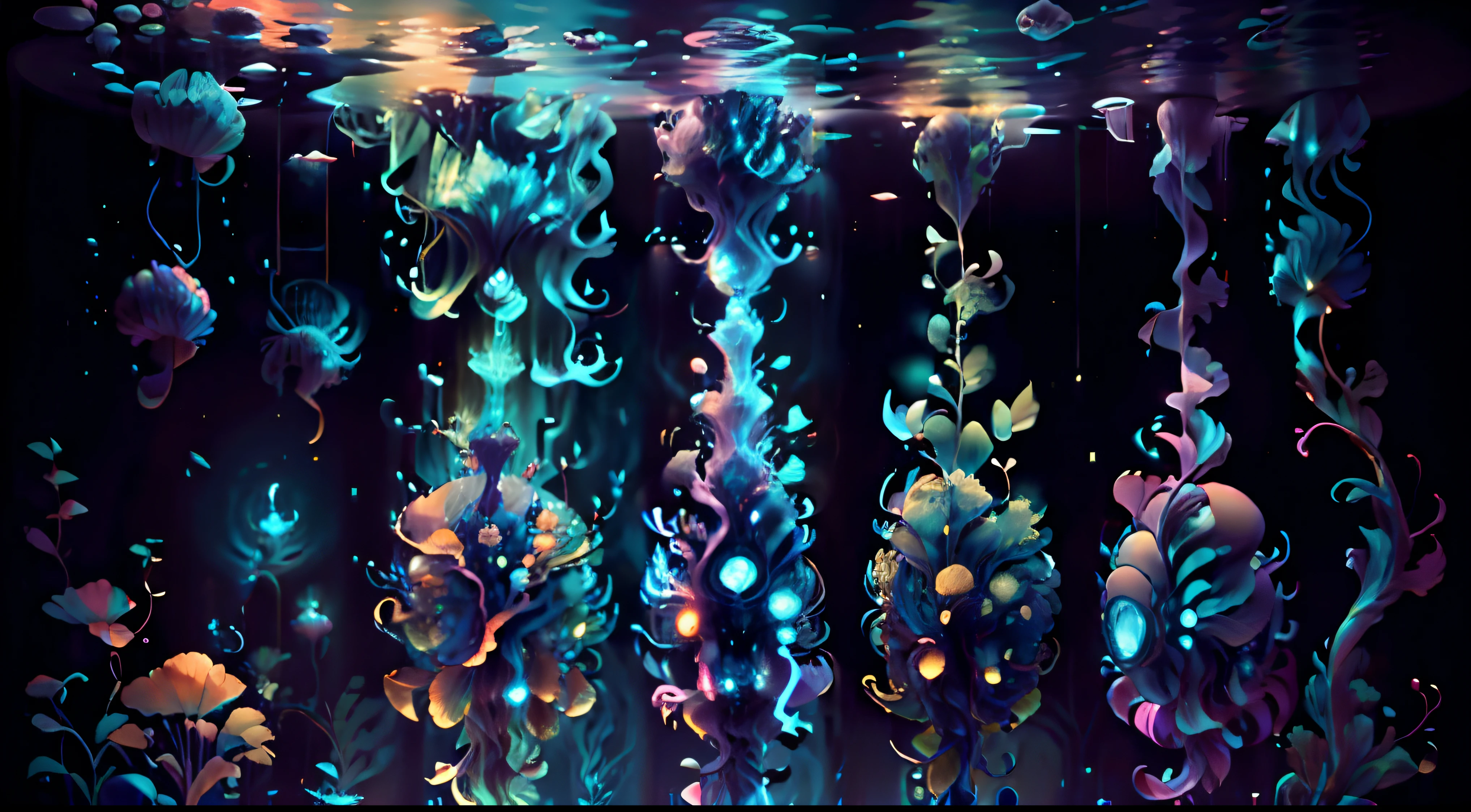 medusas bioluminiscentes flotando en la profundidad del oceano, llevadas por la corriente. Colores fluidos, translucidos , fosforescentes, de colores brillantes, colores radiantes, psicodelicos,iluminan el entorno oscuro con su fosforescencia, sensacion de movimientos fluidos , arremolinados, movimiento de los tentaculos de acuerdo al arte de los fluidos en movimientoobra maestra, Beautiful psychedelic entropy