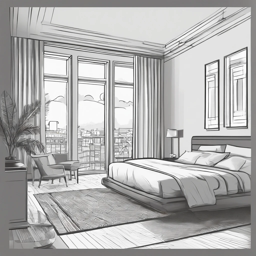 The rooms have windows, in a bedroom, In a bright room, in the room, Draw minimalist lines, lightroom (lightroom (Light Room)), In the style of simplified realism, Location of the apartment, Inside the bedroom, Flat perspective, In a bright room, The interior of a small room, Realistic room