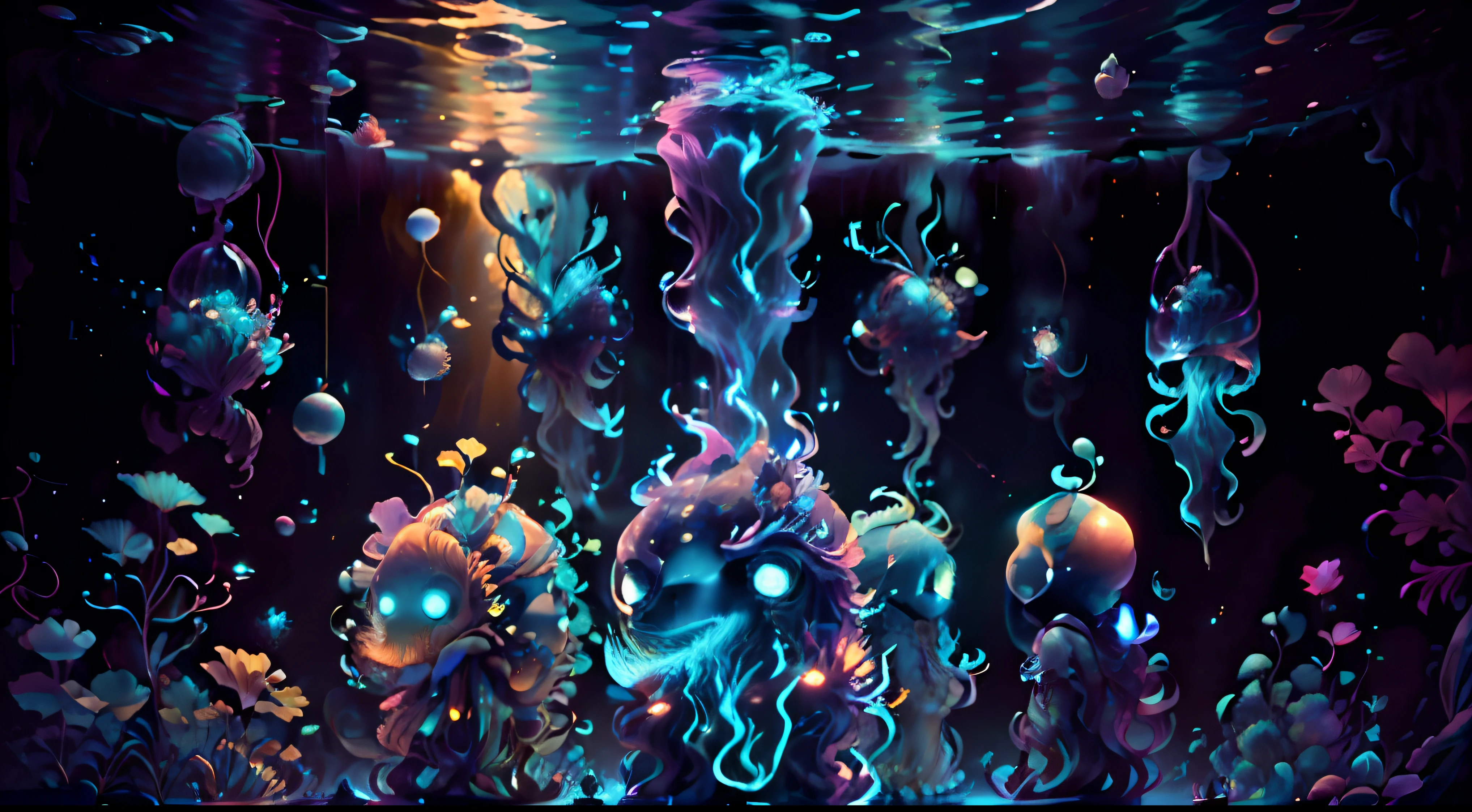 medusas bioluminiscentes flotando en la profundidad del oceano, llevadas por la corriente. Colores fluidos, translucidos , fosforescentes, de colores brillantes, colores radiantes, psicodelicos,iluminan el entorno oscuro con su fosforescencia, sensacion de movimientos fluidos , arremolinados, movimiento de los tentaculos de acuerdo al arte de los fluidos en movimientoobra maestra, Beautiful psychedelic entropy