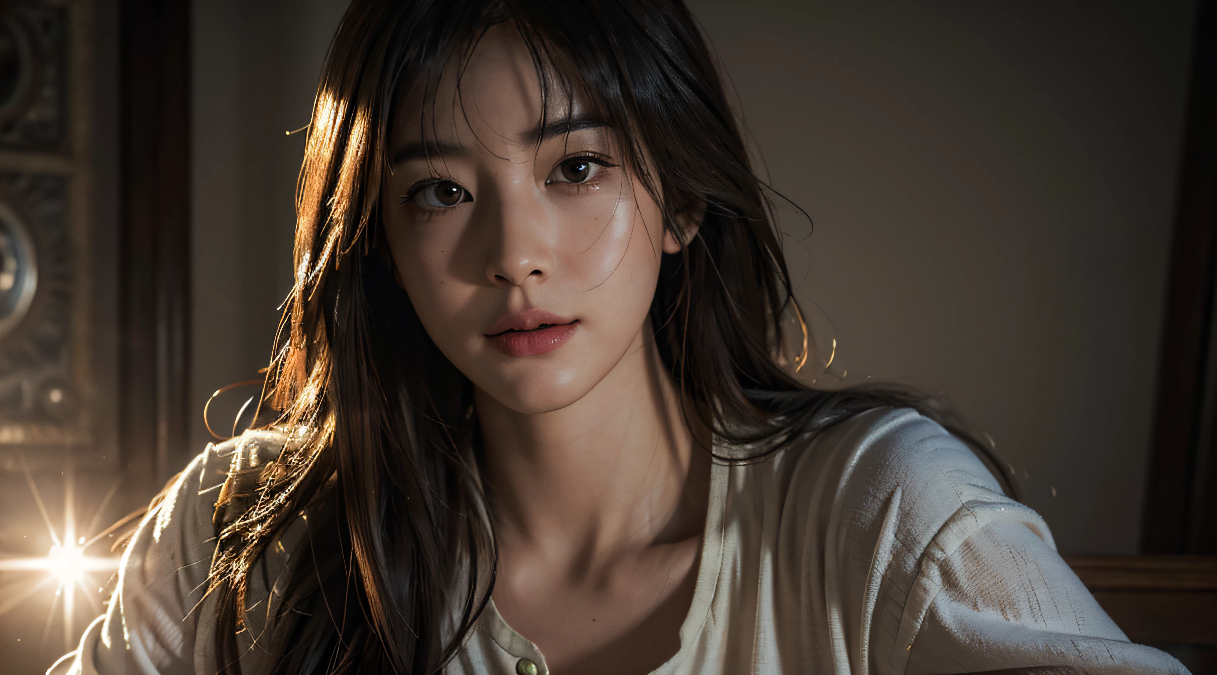 (RAW photo, best quality), (realistic, photo-realistic:1.3),best quality,highly detailed,masterpiece,ultra-detailed,illustration,1girl,upper_body,dynamic angle,world masterpiece theater,messy_long_hair,best quality,extremely detailed CG unity 8k wallpaper,ink,Amazing,cinematic lighting,lens_flare, dunhuang_style