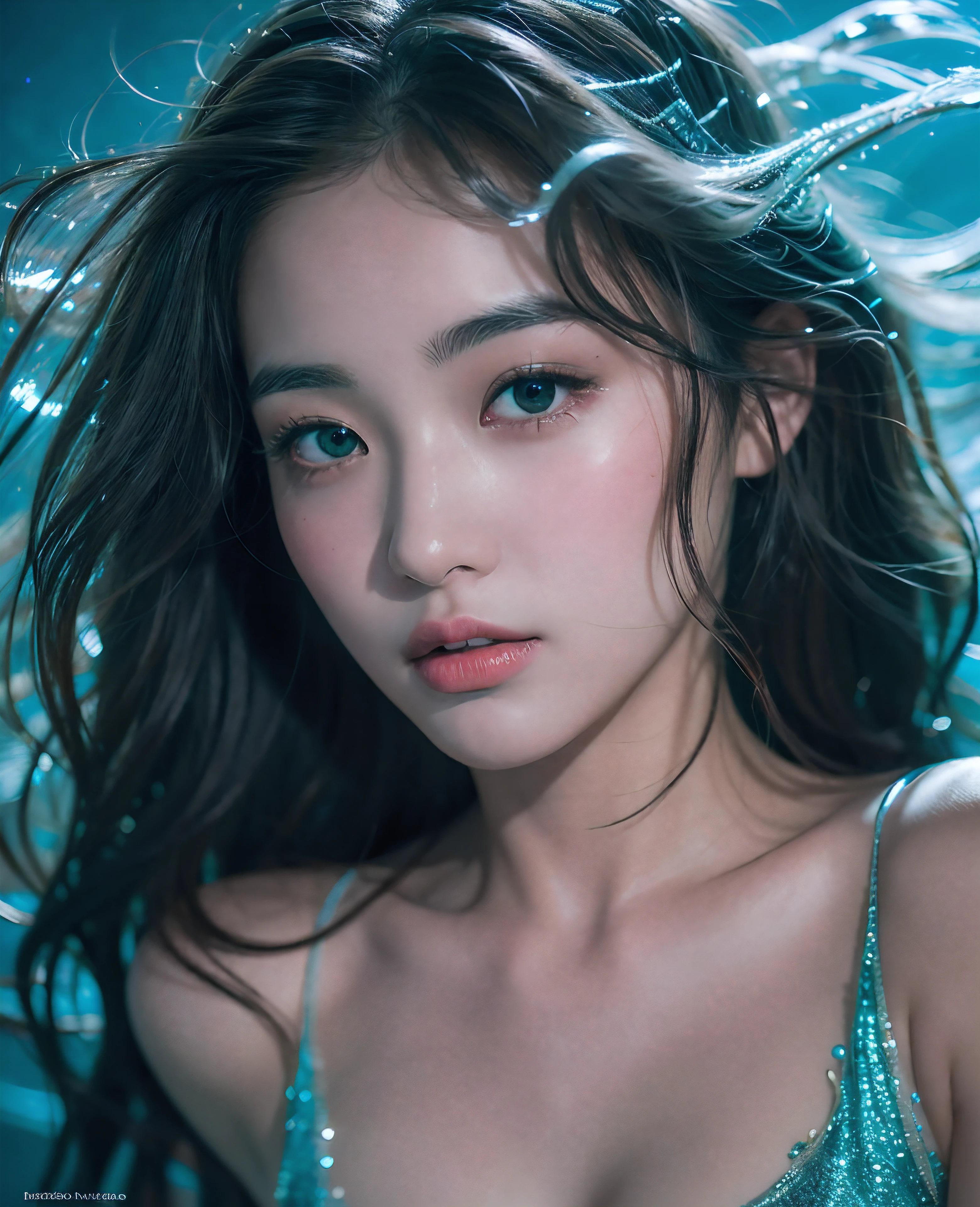 Dive into the depths of imagination with a stunning portrait of a sea nymph, adorned with shimmering scales and cascading locks of seaweed hair, highly detailed, HD resolution