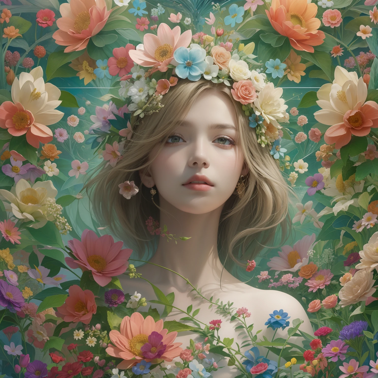 ((1girl in)), (masterpiece, top-quality, top-quality, Official Art, Beautifully Aesthetic: 1.2), (1 Flower), The upper part of the body, ighly detailed, (Fractal art: 1.3), colourfull, best detailed