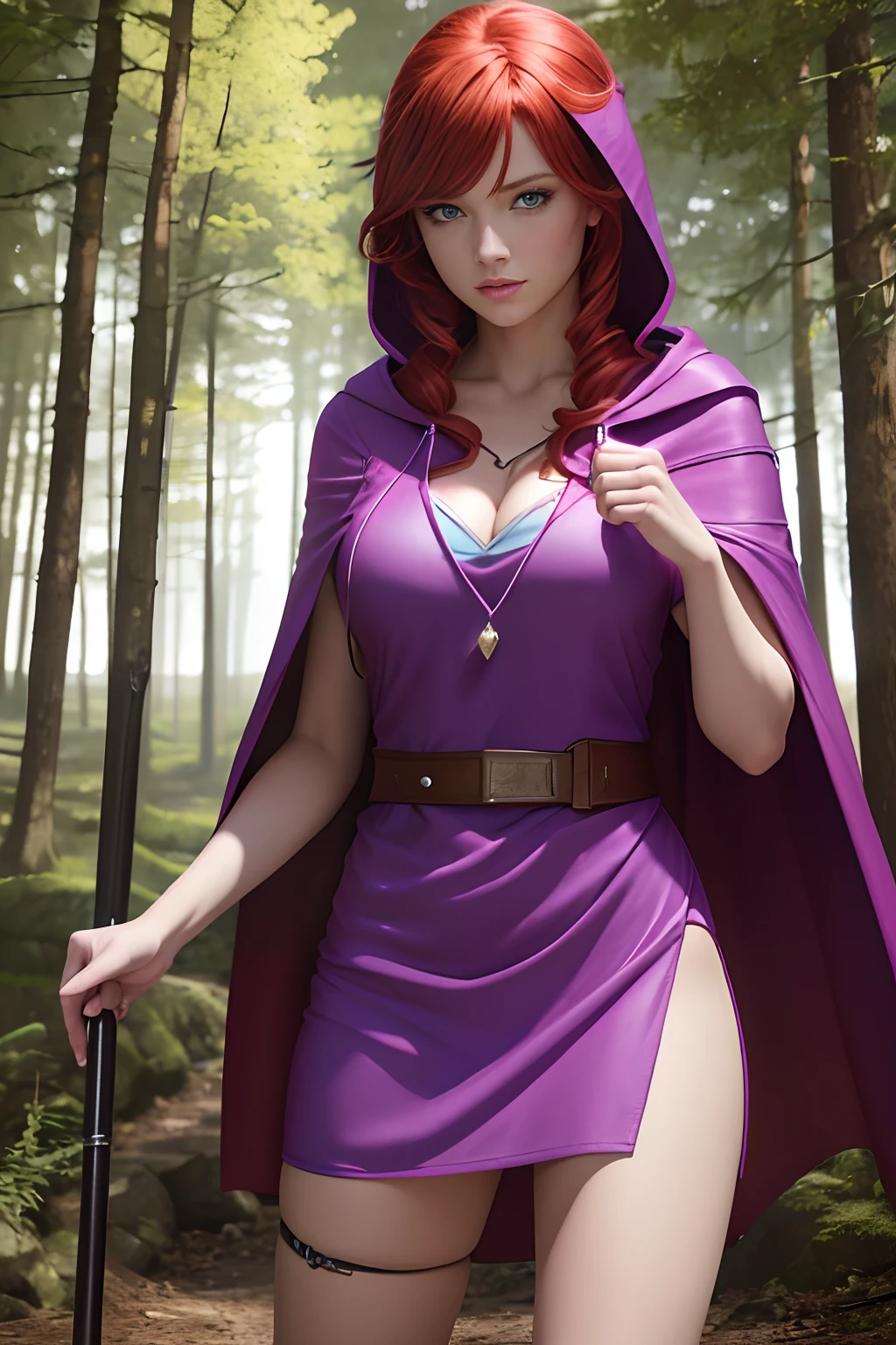 UHD 8K scene, hyper-real photo quality, beautiful young woman, red hair, bright blue eyes, short pink dress with thief outfit, purple hooded cape, character Sheila from Dungeons and Dragons, in the middle of a forest