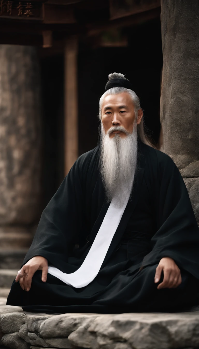 Close-up of a young Chinese Taoist leader sitting on a stone,long whitr hair,lbeard,Meditation cross-legged,Daoism, Wearing a black robe,magic aura,Taoist master,Taoist,at centre,Face the lens,Very bright colors, Light particles, with light glowing, Mshiv, wallpaper art, UHD wallpaper
