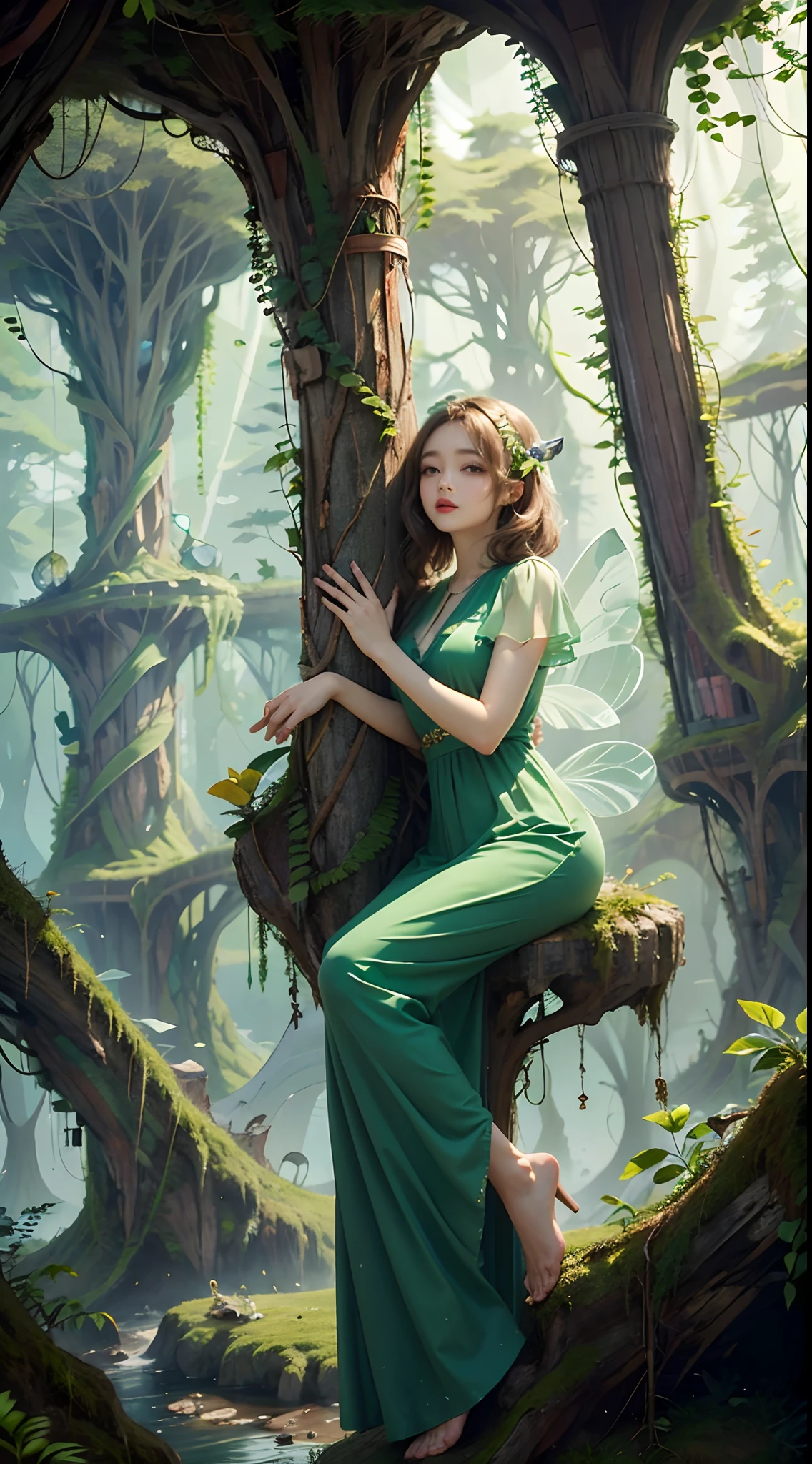 1 20-year-old girl, fairy princess, green clothes, nature clothes, nature panorama, sweet, beauty gril, twin sister.