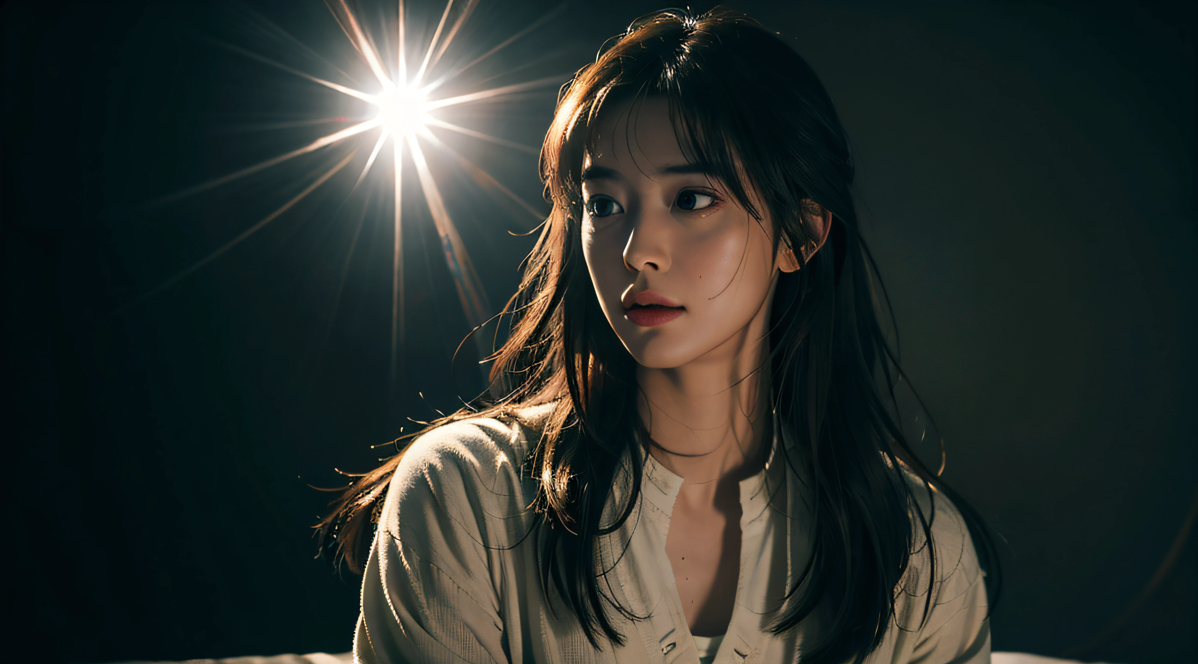 (RAW photo, best quality), (realistic, photo-realistic:1.3),best quality,highly detailed,masterpiece,ultra-detailed,illustration,1girl,upper_body,dynamic angle,world masterpiece theater,messy_long_hair,best quality,extremely detailed CG unity 8k wallpaper,ink,Amazing,cinematic lighting,lens_flare, dunhuang_style