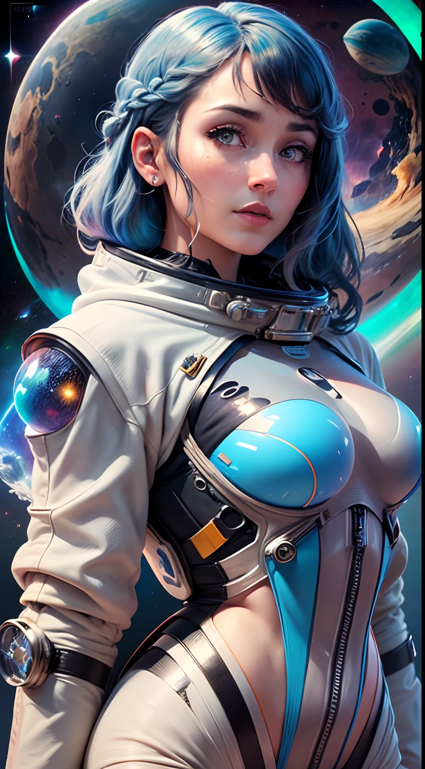 (Innovative design)、Create ultra-detailed and futuristic images of beauty astronauts,(Ultra-futuristic design spacesuit) 、(((((Spacesuit with clear body lines)))))、age19、Colossal tits、Earth Eye、Photorealsitic、high-level image quality、Raw photo、8K、Hairstyle is bob hair、((((Aurora Inner Hair)))、Anxious face