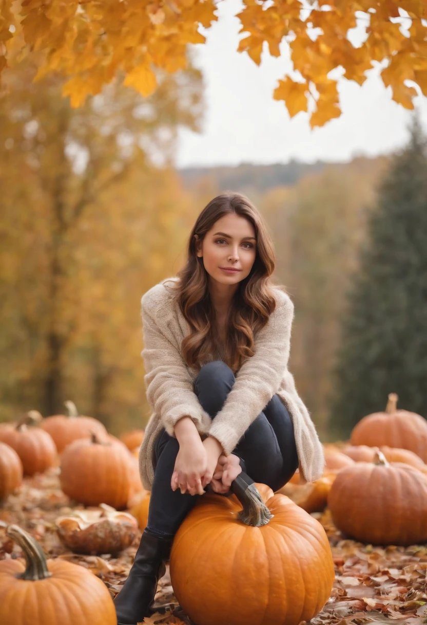 A girl sits on a large pumpkin, autumn, leaves, bokeh background, Pumpkin in the middle of the path