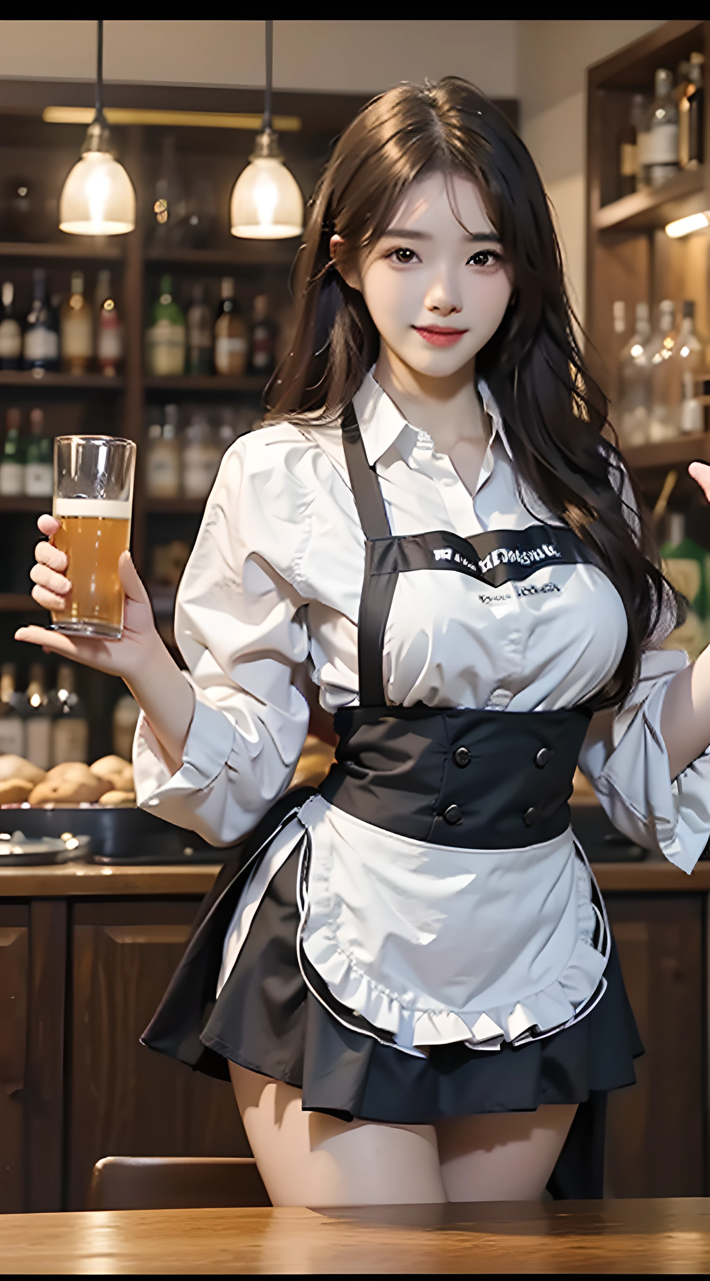 High-quality and realistic animation style, High image quality, High-quality reality, shading, photorealism, Ray traching, 8K, UHD, Masterpiece, ung and Beautiful Girl, Brunette and eyes, Light makeup, Full-size smile and cherished expression, european/Swedish looking girl, Medieval bartender, Short skirt in the style of the Middle Ages, White shirt and revealing apron, large full breasts, With a tray filled with several beer cups, In a tavern crowded with adventurers in the background, ((South Korean))