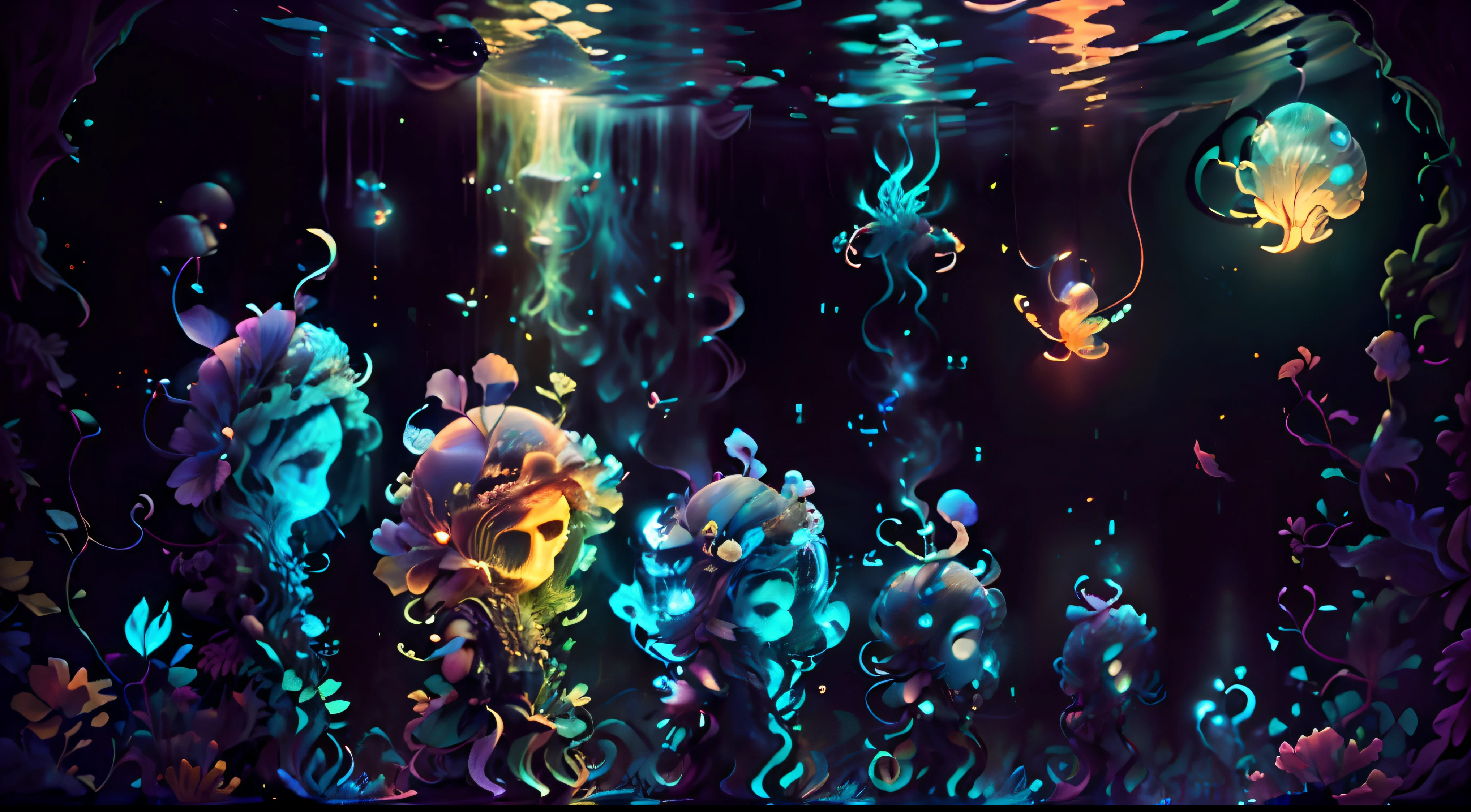 medusas bioluminiscentes flotando en la profundidad del oceano, llevadas por la corriente. Colores fluidos, translucidos , fosforescentes, de colores brillantes, colores radiantes, psicodelicos,iluminan el entorno oscuro con su fosforescencia, sensacion de movimientos fluidos , arremolinados, movimiento de los tentaculos de acuerdo al arte de los fluidos en movimientoobra maestra, Beautiful psychedelic entropy