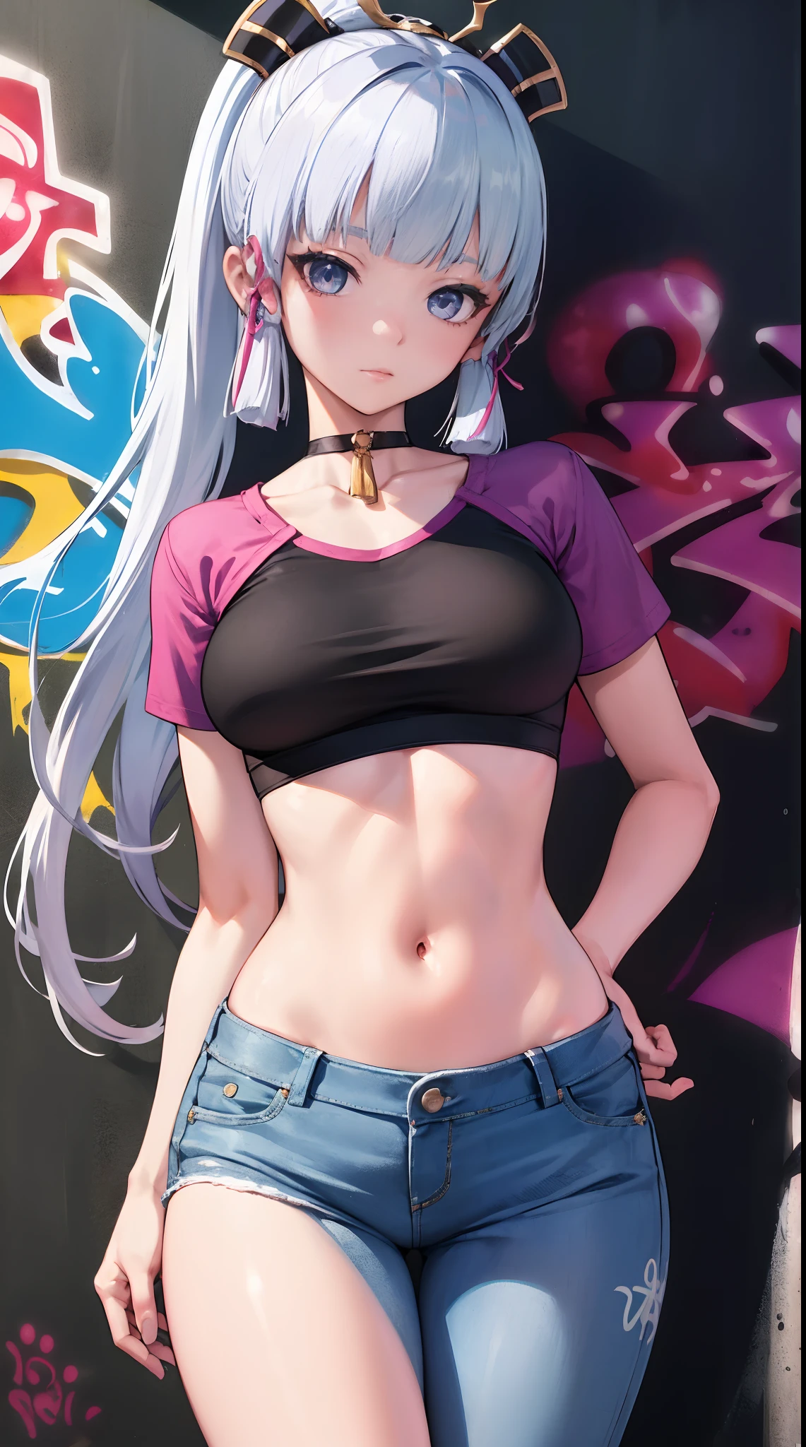 kamisato ayaka|genshin impact, master-piece, bestquality, 1girls,25 years old, proportional body, elongated legs, Beautiful, proportional., crop top, Long Jeans, mediuml breasts, ,bara, crop top, choker, (Graffiti:1.5), Splash with purple lightning pattern., arm behind back, against wall, View viewers from the front., Thigh strap, Head tilt, bored,(NSTDA.:1.2), (10, beste-Qualit, master-piece: 1.4), Beautiful red hair, ultra-high resolution, (lifelike, photorealistic portrait: 1.48), 20 age, Cute Girl, (Looking Through Crop Tops.), Famous Japanese actors, beautiful clear eyes, Head tilt, cowboy shot, from the front, looking at the audience, expressionless, Beautiful lake, Zeiss 150mm F/ 2.8 Hasselblad,  Whole body, foot, Ultra-Wide Angle,