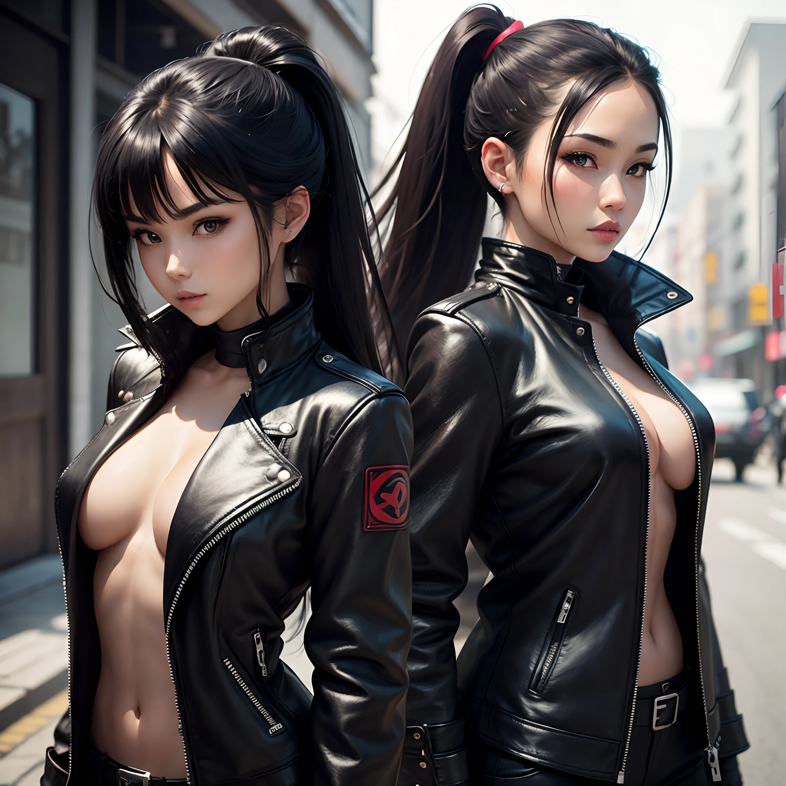 Black leather gloves, black hair ponytail, Japanese girls, black leather riders jacket, upper body