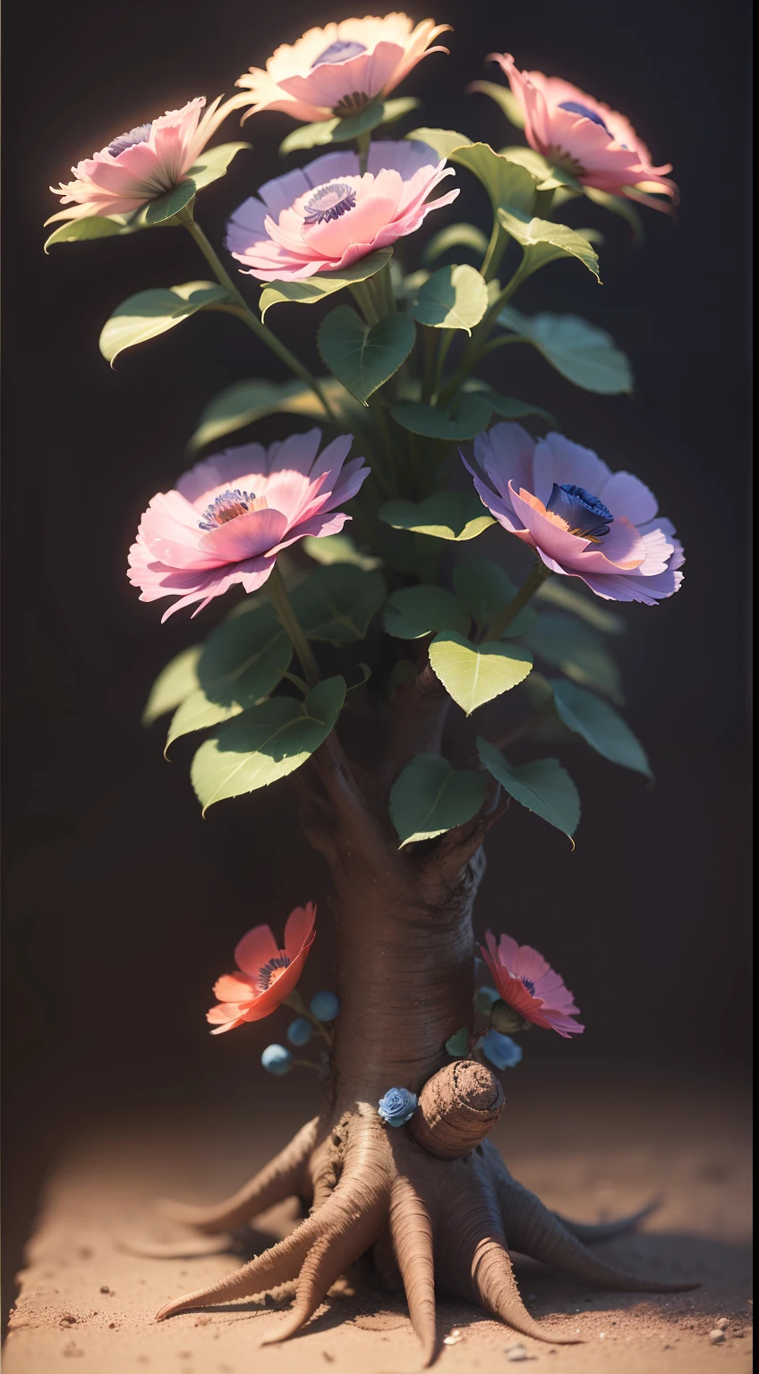 Three sea anemones, Three anemones on a tree,sea anemone ,Dark background,high resolution,High quality,Blue roses
