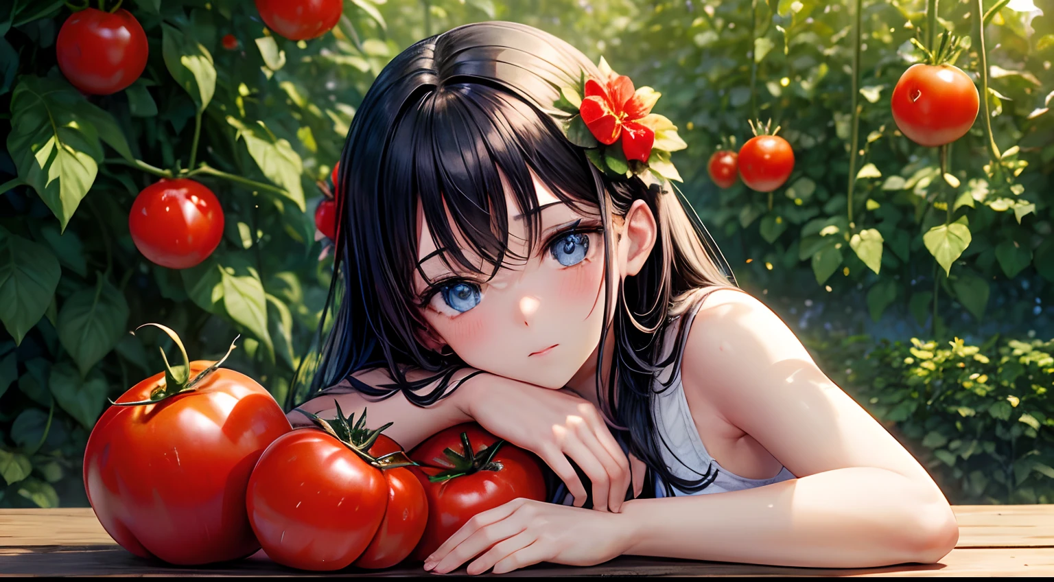 blue eyes black hair girl with a pile of tomatoes on a table in a garden, tomatoes, forest gump tomato body, ❤🔥🍄🌪, also tomato, tomato, tomato monster, stunning image, tomatoes hanging on branches, abundant fruition seeds, also one tomato slice, tomato splatter, focus stacking, photoshoot, wonderful masterpiece, tomato sauce, beautiful image, elaborate composition