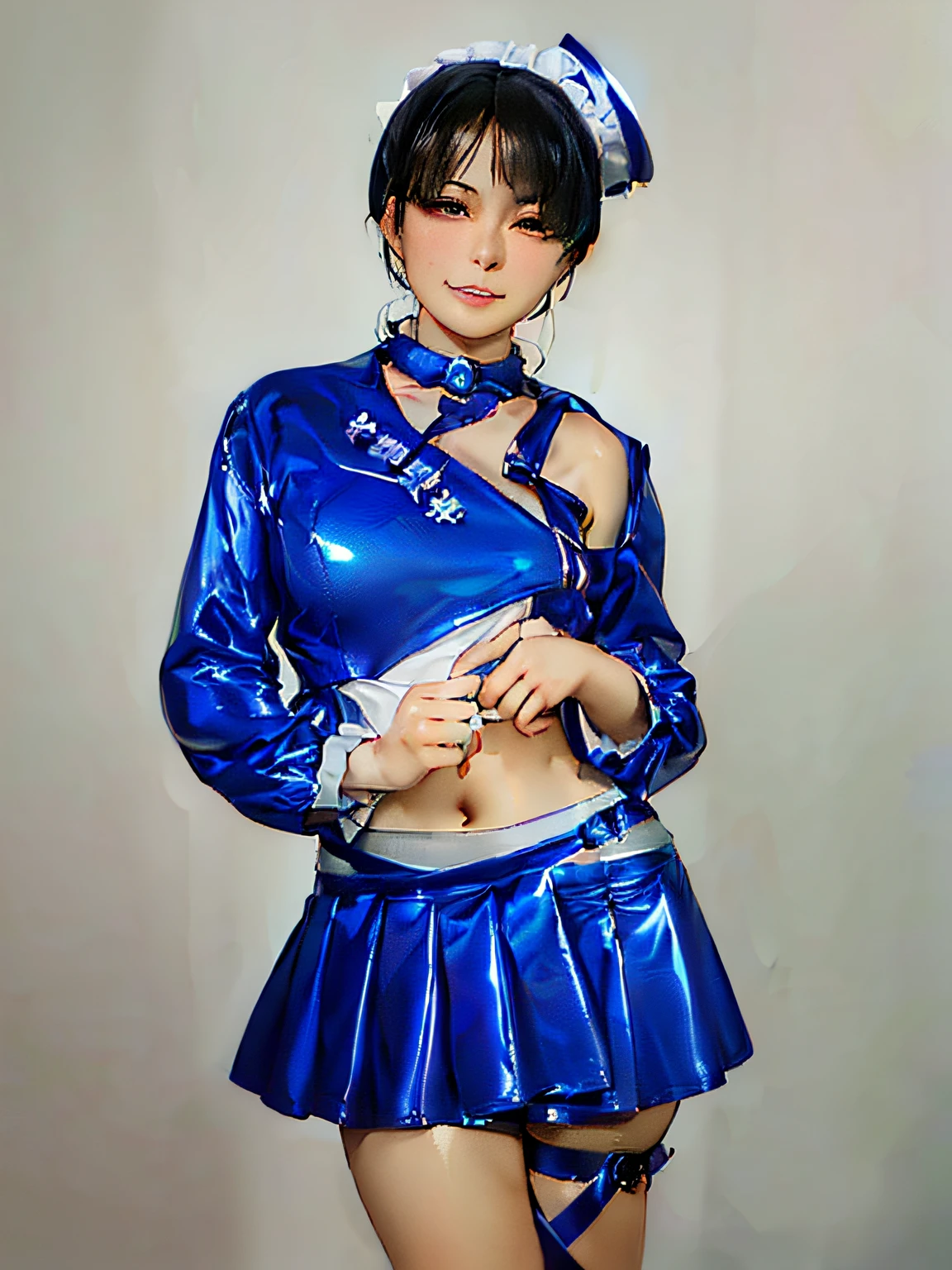 arafed woman in a blue uniform posing for a picture, in a blue qipao, blue uniform, wearing a blue qipao dress, inspired by Leng Mei, mayuri shiina, anime girl cosplay, wearing atsuko kudo latex outfit, cosplay photo, bright blue shiny lingerie, ayaka cosplay, costume with blue accents, anime cosplay, tai costume