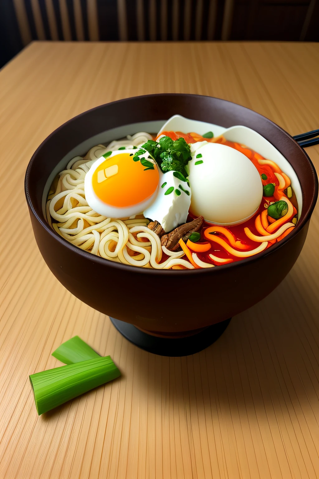 A bowl of beef noodles,Fresh vegetables,The poached egg aroma is overflowing,The brown shells are delicious,It was delicious,Pepper has a strong flavor,The yellow bamboo shoots are crispy and delicious,The fungus has a delicate taste,The final taste of tofu is great,The noodles held with chopsticks are fragrant。illustration, one pair of chopsticks.