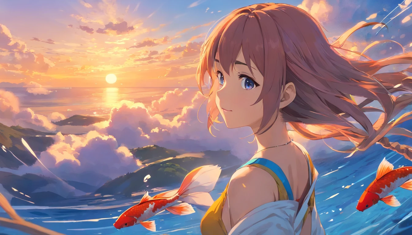 Film image quality,Disney animation,Disney animated films,Giant koi flying in the sky,Thick clouds,Short hair and small braids,nakeness,Barefoot Hotel,depth of fields,high beams,Real light,Ray traching,OC Render,Hyper-realistic,Better quality,8K,Works of masters,Super Fina,Detailed antiques,anatomy correct,sharp focus on eyes,Bokeh,Facial features are carefully depicted, don't have clothes