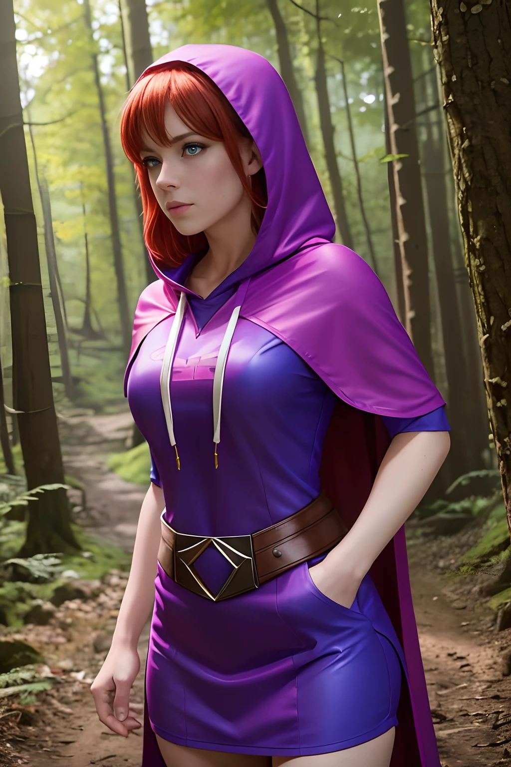 UHD 8K scene, hyper-real photo quality, beautiful young woman, red hair, bright blue eyes, short pink dress with thief outfit, purple hooded cape, character Sheila from Dungeons and Dragons, in the middle of a forest