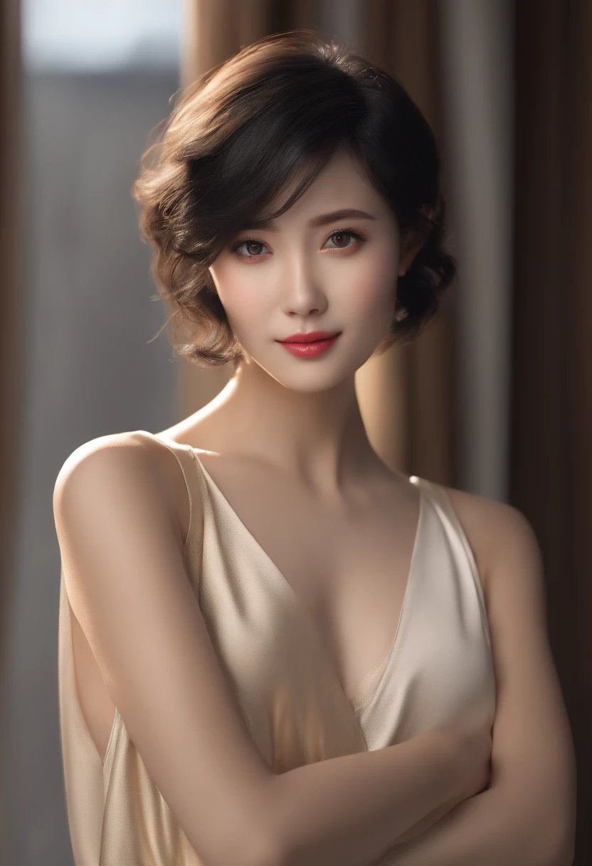 (masterpiece:1.3), (8k, photorealistic, RAW photo, best quality: 1.4), japanese, (1girl), beautiful face, (realistic face), (black hair, short hair:1.3), beautiful hairstyle, realistic eyes, beautiful detailed eyes, (realistic skin), beautiful skin, attractive, ultra high res, ultra realistic, highly detailed, golden ratio, detaled face,looking at viewer,smile,open white shirt,medium breasts,standing,hand on hip