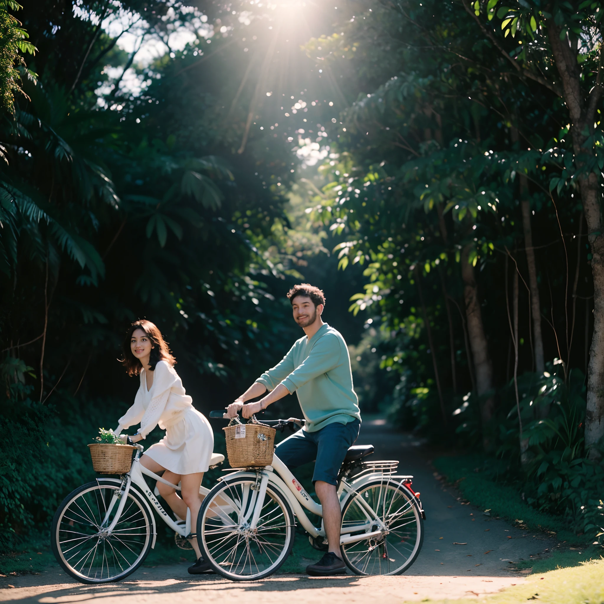 Um casal andando de bicicleta em lindo bosque com muitas plantas e verde, cada um na sua bicicleta, best quality,master part,Ultra high resolution,(Realismo:1.4),foto original,Cinematic lighting,
1girl,sorrir,Backlighting,oceano,