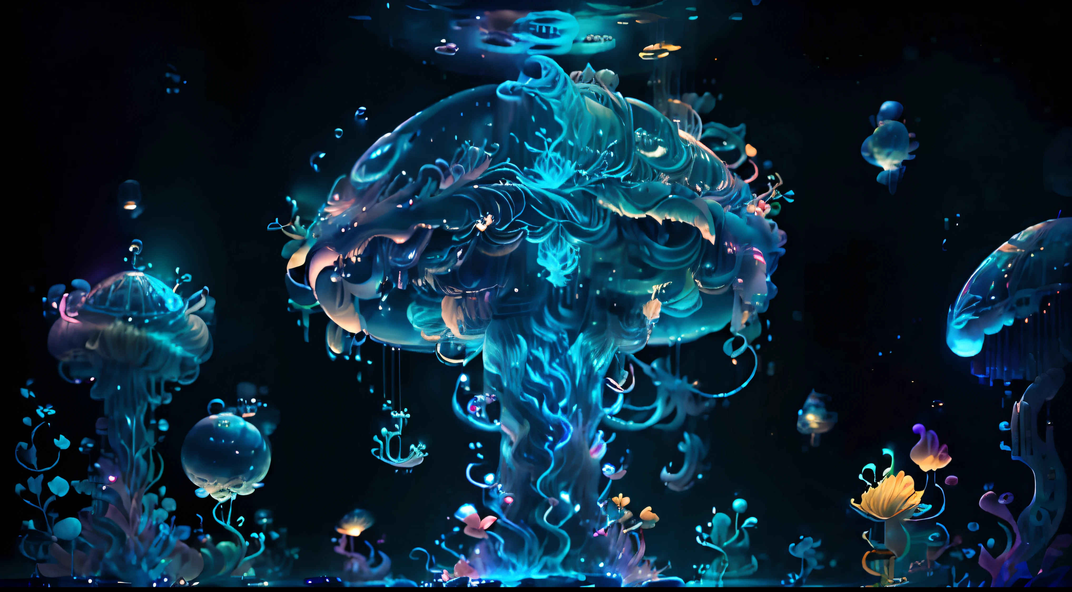medusas bioluminiscentes flotando en la profundidad del oceano, llevadas por la corriente. Colores fluidos, translucidos , fosforescentes, de colores brillantes, colores radiantes, psicodelicos,iluminan el entorno oscuro con su fosforescencia, sensacion de movimientos fluidos , arremolinados, movimiento de los tentaculos de acuerdo al arte de los fluidos en movimientoobra maestra, Beautiful psychedelic entropy