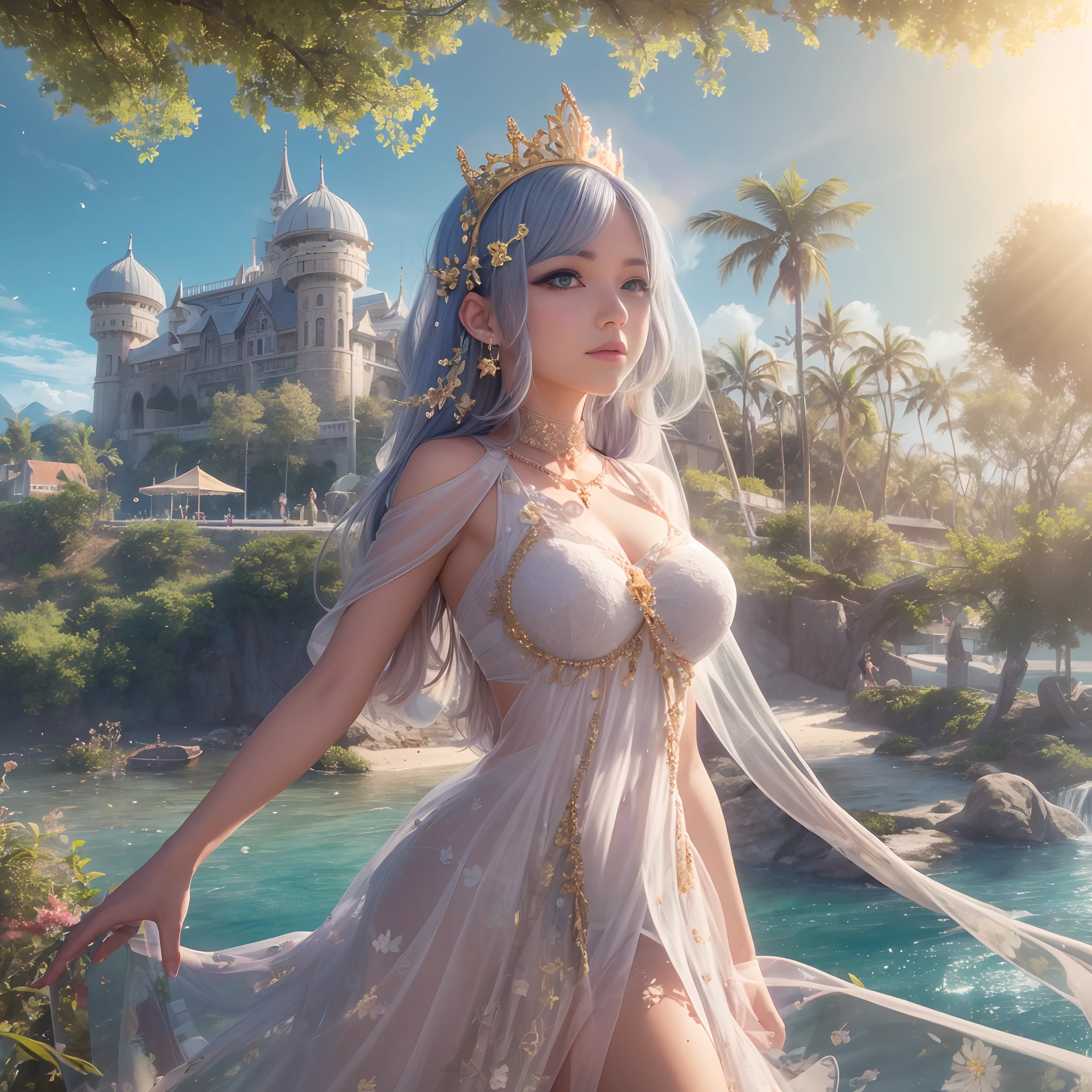(((nffsw))), (((masutepiece))), (((8K))), (((hight resolution))), (((surrealism))), (((Cinematic lighting))), god rays, Zoom Layer, (((FULL BODYSHOT))), F/4.0, canon, Shiny skin,Detailed skin,Detailed face, Detailed eyes, Summer Island Princess, Sheer Summer Royal Robe, Summer castle with a view of the sea, Summer Princess Tiara, Summer sandals, A clear day, sunday, The sea breeze blows