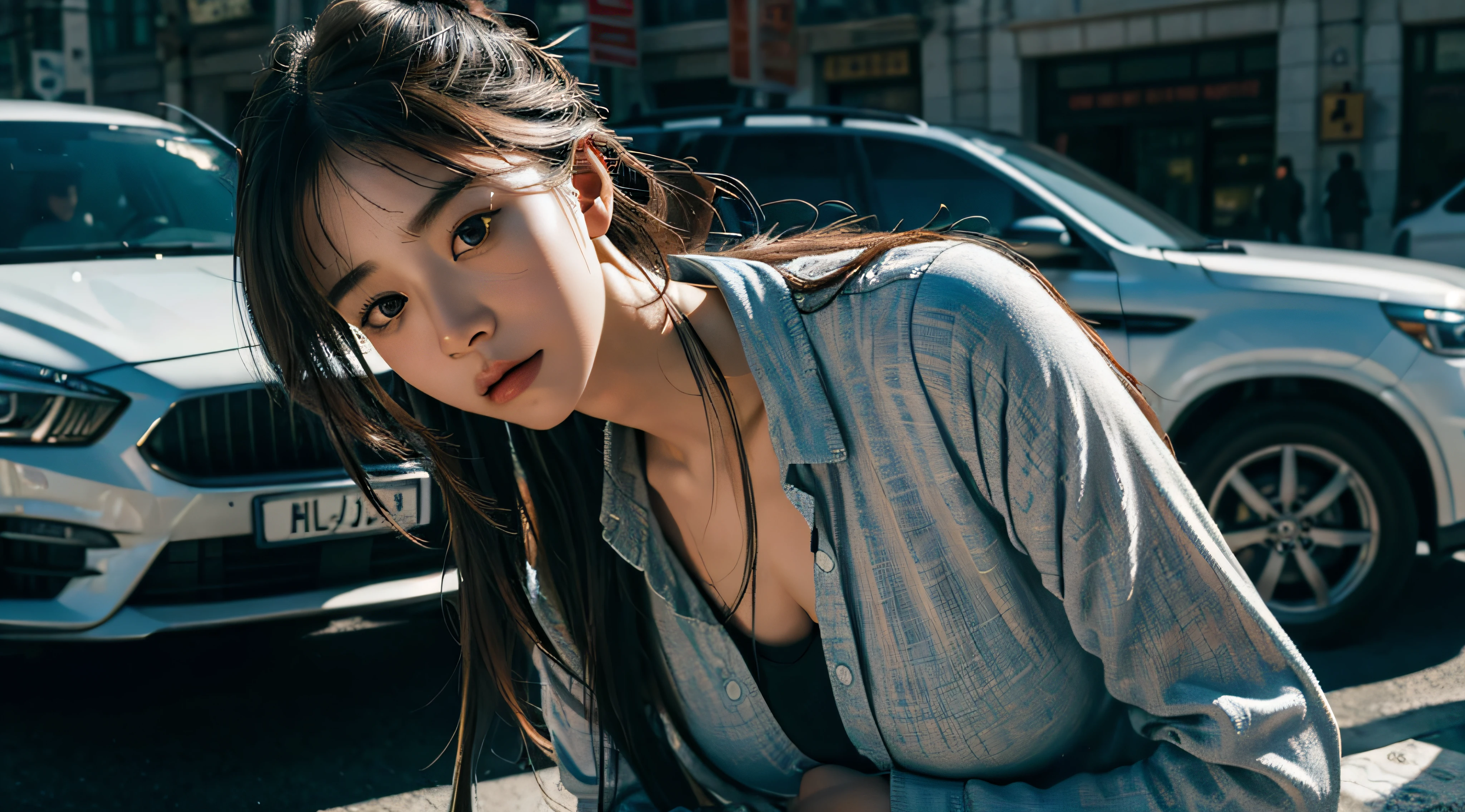 (RAW photo, best quality), (realistic, photo-realistic:1.3),best quality,highly detailed,masterpiece,ultra-detailed,illustration,1girl,upper_body,dynamic angle,world masterpiece street,messy_long_hair,best quality,extremely detailed CG unity 8k wallpaper,ink,Amazing,cinematic,lens, dunhuang_style