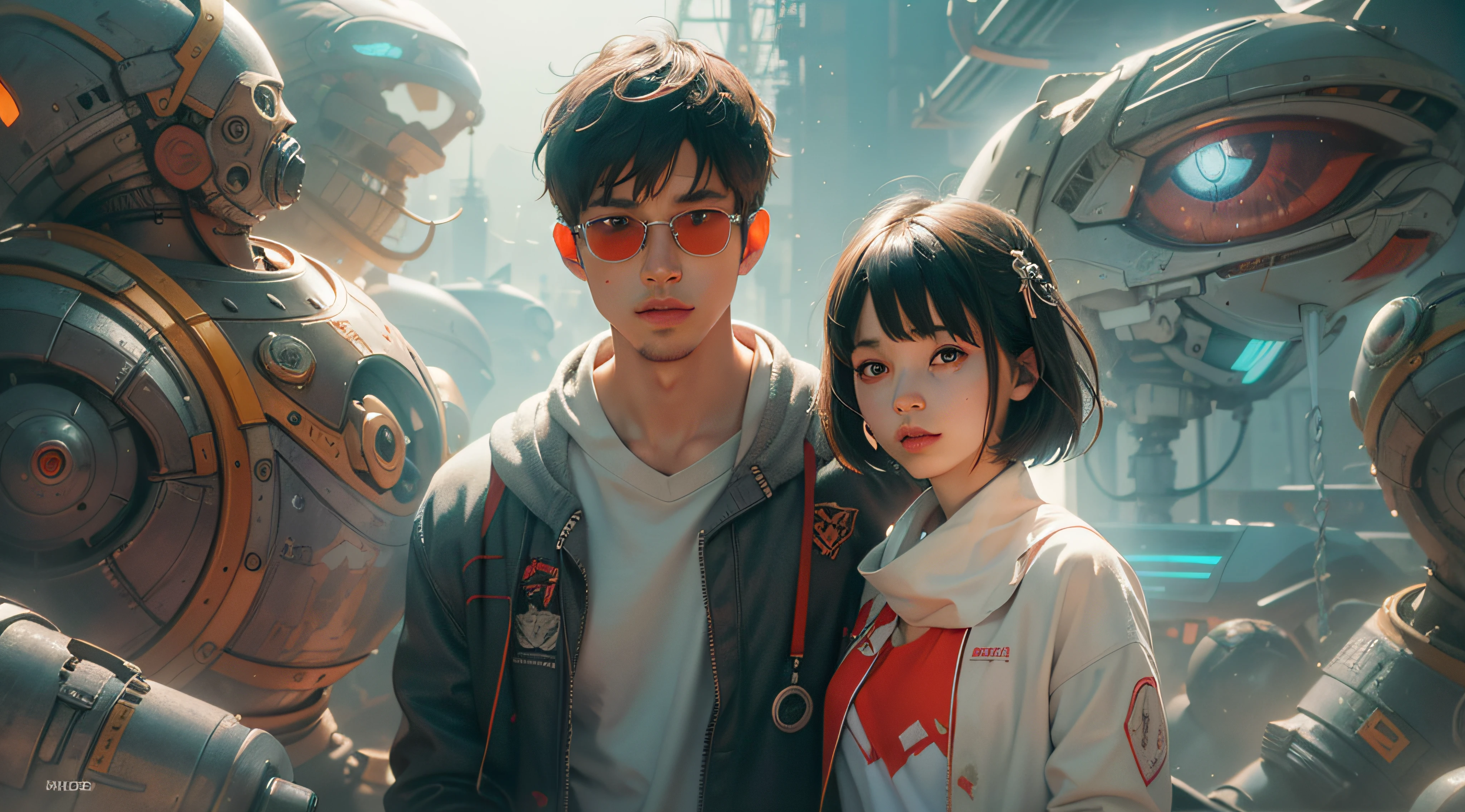 (best qualtiy,ultra - detailed,Best Illustration,Best shadow,masterpiece,A high resolution,professionalartwork,famous artwork),sci-fi,It depicts a young couple wearing colored sclera and red and a huge alien big cute with robot eyes, by Makoto Shinkai,by Artgerm,by wlop,by Greg Rutkowski,Volumetric lighting,octane render,4K,Trending on ArtStation,masterpiece