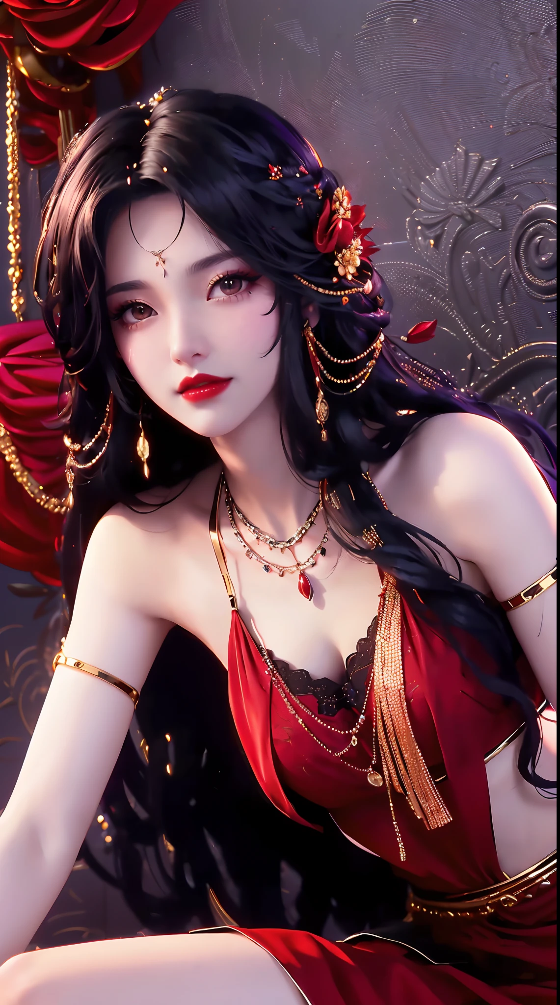 1 beautiful and sexy 20 year old girl, ((wearing a super thin red dress:1.6)), dress with diamonds, ((long purple-black hair:1.6)), bangs, elaborate jewelry made from stones noble and beautiful hair, ((wearing a black lace necklace:1.4))), noble, noble style of an extremely beautiful girl, super cute little face, very pretty face, fur thin eyebrows, flawless beautiful face, ((black eye pupils: 0.8)), very beautiful eyes, ((black eyes: 1.6)), beautiful makeup and detailed hairdo, eyelashes, eye makeup wet, high nose, earrings, red lips, ((closed mouth: 1;5 )) beautiful lips, slim arms, most beautiful thighs, ((arms spread to the sides: 1.5) ), rosy face, clean face, beautiful flawless face, smooth white skin, (big breasts: 1.5)), ((high breasts: 1.6) ), firm breasts, nice cleavage, (((big and super round breasts: 1.8))), ((super firm breasts: 1.7)) , beautiful breasts, perfect body, (((sitting position, leaning back and leaning back with hands :1.5))), ((chest puffed out : 1.5)), don't be shy, 8k photos, super high quality, super realistic, super 10x pixels, optical, bright studio, bright edges, two-tone lighting, (high detail skin:1.2), super 8k , soft light, high quality, volumetric light, optical, optical high resolution, light, best photo, 4k, 8k quality, blur effect, smooth sharpness, 10 x pixel , ((red flowers background:1.5)), aurora, lightning, super realistic graphics, most realistic graphics, alone, solo, Extremely sharp, surreal images, (((frontal portrait : 1.6)))."