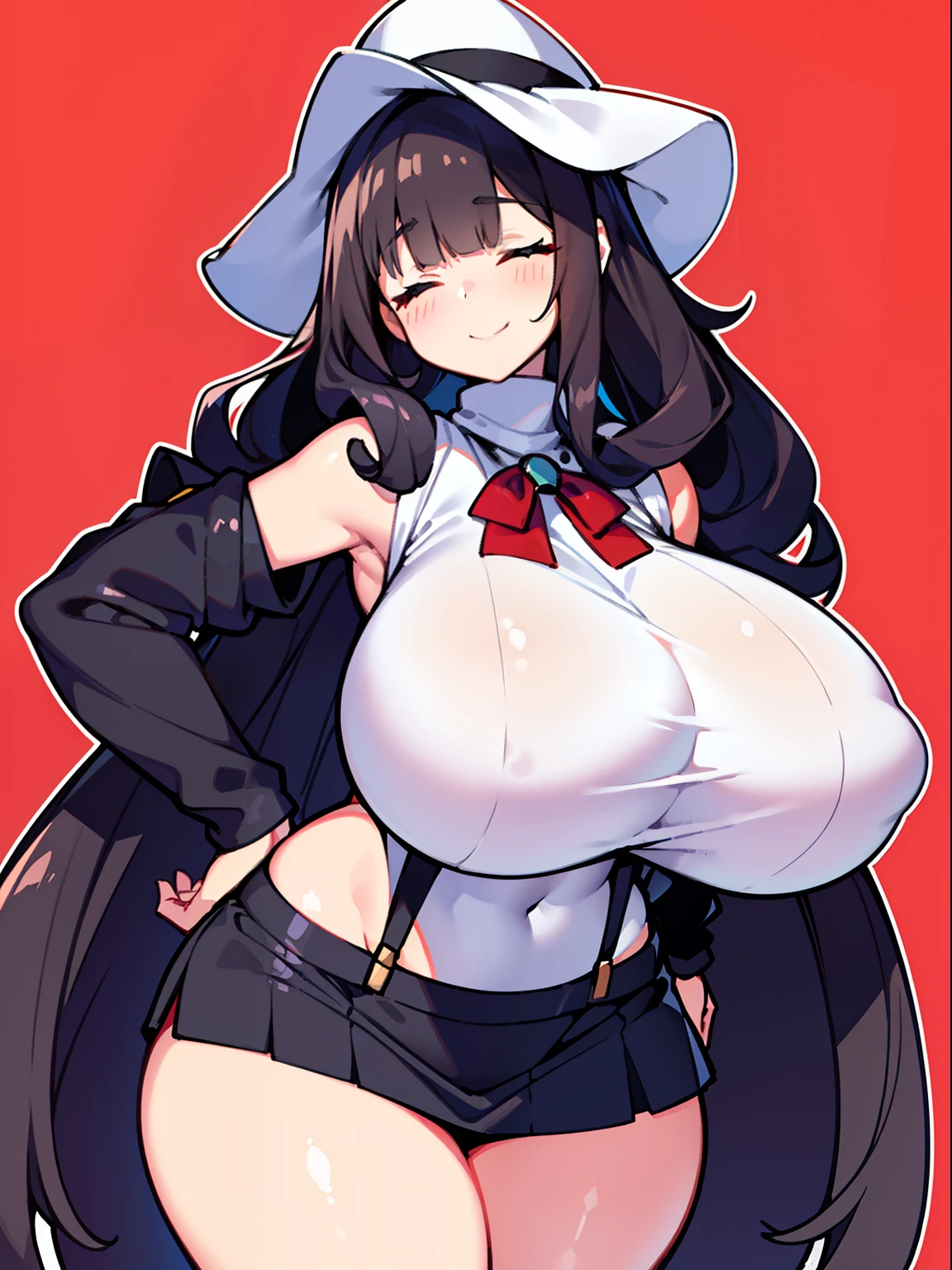 Best quality, (masterpiece:1.2), 1girl, super tall, black turtleneck sweater, no sleeves, super long curly black hair, super curly bangs, white sunhat, white pleated skirt, red shoulder bag, suspenders, dark tone skin, red background, (super massive breast:1.4), very deep breast, perfect body, standing, smile, closed eyes, holding up peace sign, chibi, white outline