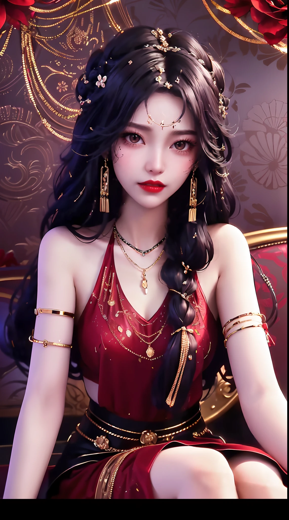1 beautiful and sexy 20 year old girl, ((wearing a super thin red dress:1.6)), dress with diamonds, ((long purple-black hair:1.6)), bangs, elaborate jewelry made from stones noble and beautiful hair, ((wearing a black lace necklace:1.4))), noble, noble style of an extremely beautiful girl, super cute little face, very pretty face, fur thin eyebrows, flawless beautiful face, ((black eye pupils: 0.8)), very beautiful eyes, ((black eyes: 1.6)), beautiful makeup and detailed hairdo, eyelashes, eye makeup wet, high nose, earrings, red lips, ((closed mouth: 1;5 )) beautiful lips, slim arms, most beautiful thighs, ((arms spread to the sides: 1.5) ), rosy face, clean face, beautiful flawless face, smooth white skin, (big breasts: 1.5)), ((high breasts: 1.6) ), firm breasts, nice cleavage, (((big and super round breasts: 1.8))), ((super firm breasts: 1.7)) , beautiful breasts, perfect body, (((sitting position, leaning back and leaning back with hands :1.5))), ((chest puffed out : 1.5)), don't be shy, 8k photos, super high quality, super realistic, super 10x pixels, optical, bright studio, bright edges, two-tone lighting, (high detail skin:1.2), super 8k , soft light, high quality, volumetric light, optical, optical high resolution, light, best photo, 4k, 8k quality, blur effect, smooth sharpness, 10 x pixel , ((red flowers background:1.5)), aurora, lightning, super realistic graphics, most realistic graphics, alone, solo, Extremely sharp, surreal images, (((frontal portrait : 1.6)))."