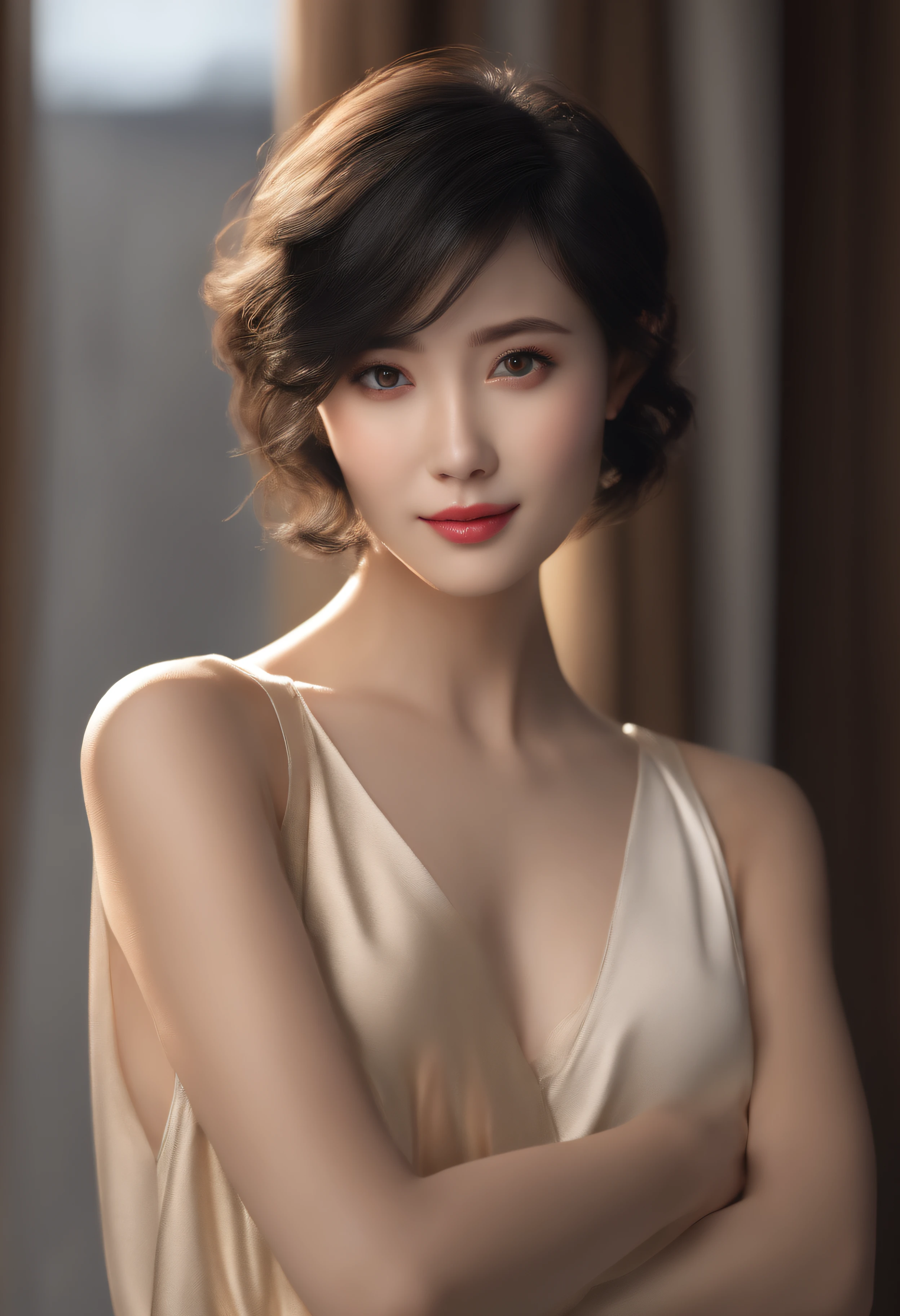 (masterpiece:1.3), (8k, photorealistic, RAW photo, best quality: 1.4), japanese, (1girl), beautiful face, (realistic face), (black hair, short hair:1.3), beautiful hairstyle, realistic eyes, beautiful detailed eyes, (realistic skin), beautiful skin, attractive, ultra high res, ultra realistic, highly detailed, golden ratio, detaled face,looking at viewer,smile,open white shirt,medium breasts,standing,hand on hip