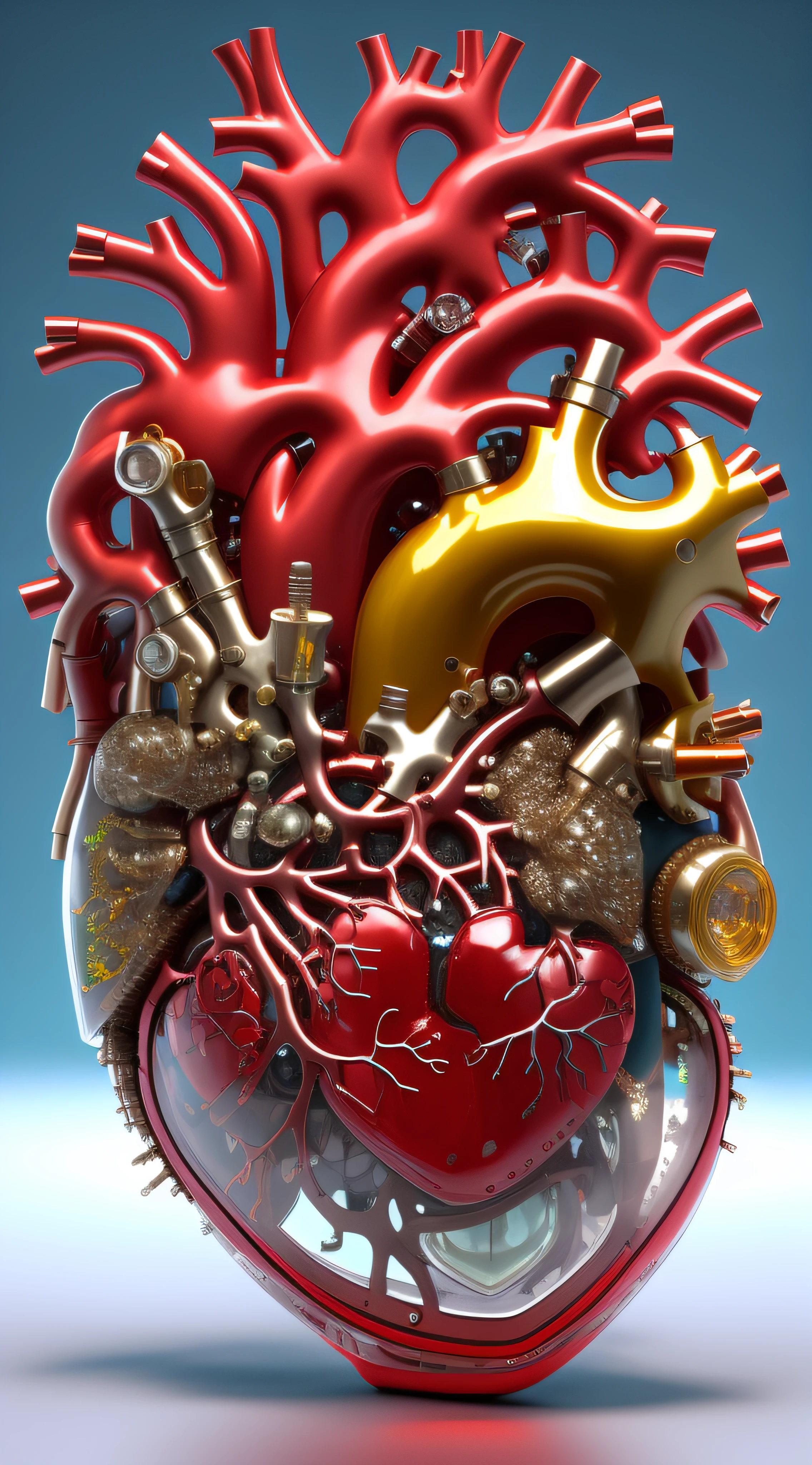 ((8k masterpiece)), RAW photo, ((best quality:1.2)),professional photograhy, 3d capture, 3d work, single item focus, absurdres, huge filesize, A biomechatronic ((3d human heart:1.4)), heart casing made from high grade toughened glass, anatomically accurate aerospace grade ((polished titanium valves:1.2)), macro detailed vein and fibre systems, ((illuminated heart chambers:1.4)), intricate vein systems, ((anatomically accurate valve systems)), space-age technology, futuristic engineering, engineering masterpiece, external vein systems wrapped around the glass heart, highly_polished metal valves, scarlet micro glass vein systems, polished titanium anatomical heart pieces attached to the exterior surface with engineered screws, plain single colour background, contrasting background, volumetric lighting, quixel megascan, unreal engine5, cg9 studio, trending on artstation,