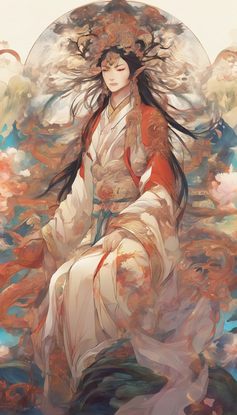 Close-up of a young Chinese Taoist leader sitting on a stone,long whitr hair,lbeard,Meditation cross-legged,Daoism, wearing gorgeous robes,magic aura,Taoist master,Taoist,at centre,staring right into camera,Very bright colors, Light particles, with light glowing, Mshiv, wallpaper art, UHD wallpaper