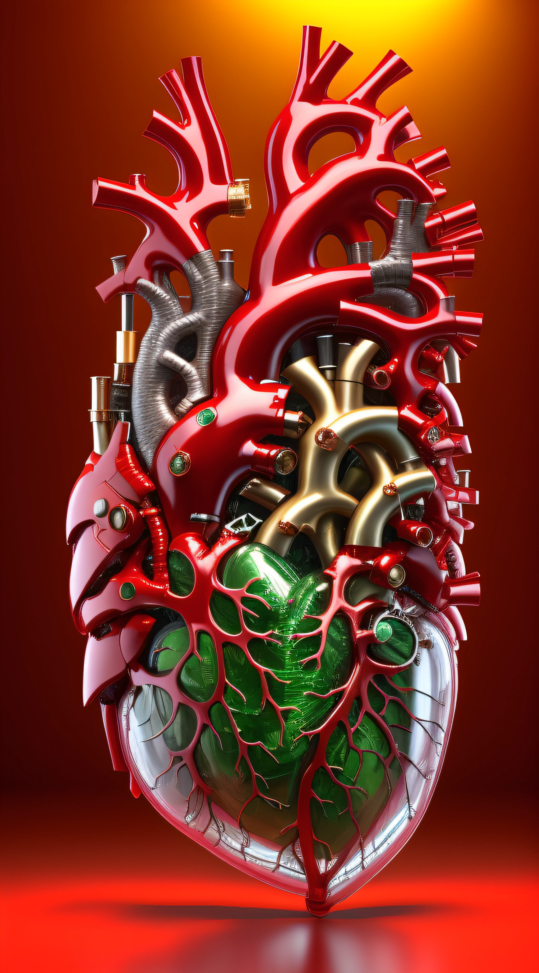 ((8k masterpiece)), RAW photo, ((best quality:1.2)),professional photograhy, 3d capture, 3d work, single item focus, absurdres, huge filesize, A biomechatronic ((3d human heart:1.4)), heart casing made from high grade toughened glass, anatomically accurate aerospace grade ((polished titanium valves:1.2)), macro detailed vein and fibre systems, ((illuminated heart chambers:1.4)), intricate vein systems, ((anatomically accurate valve systems)), space-age technology, futuristic engineering, engineering masterpiece, external vein systems wrapped around the glass heart, highly_polished metal valves, scarlet micro glass vein systems, polished titanium anatomical heart pieces attached to the exterior surface with engineered screws, plain single colour background, contrasting background, volumetric lighting, quixel megascan, unreal engine5, cg9 studio, trending on artstation,