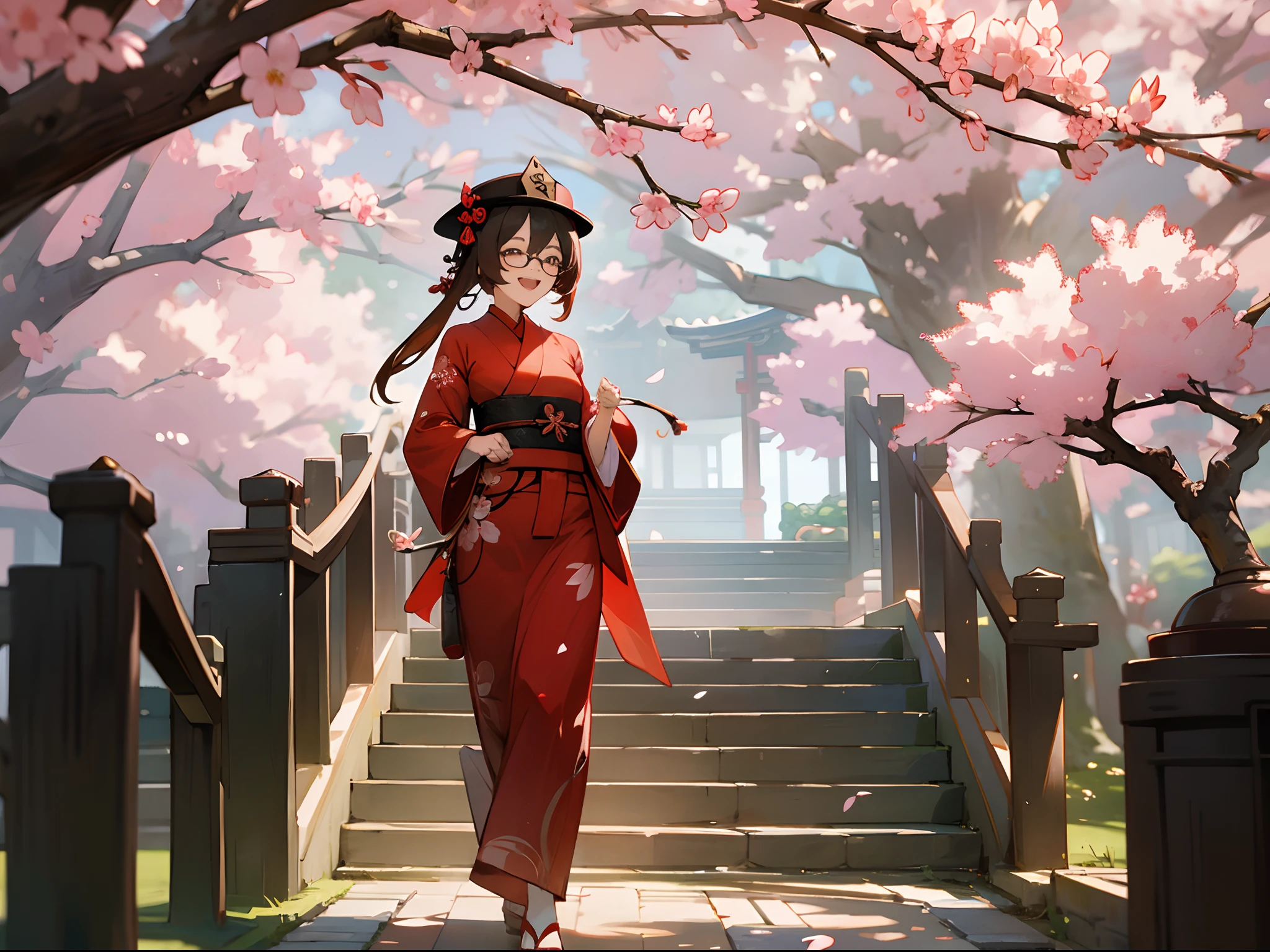 Genshin Impact, Hu Tao wearing red kimono, walking, sakura trees, cherry blossom, laughing, 1girl, elegant and beautiful highly detailed scenery, perfect posture,glasses