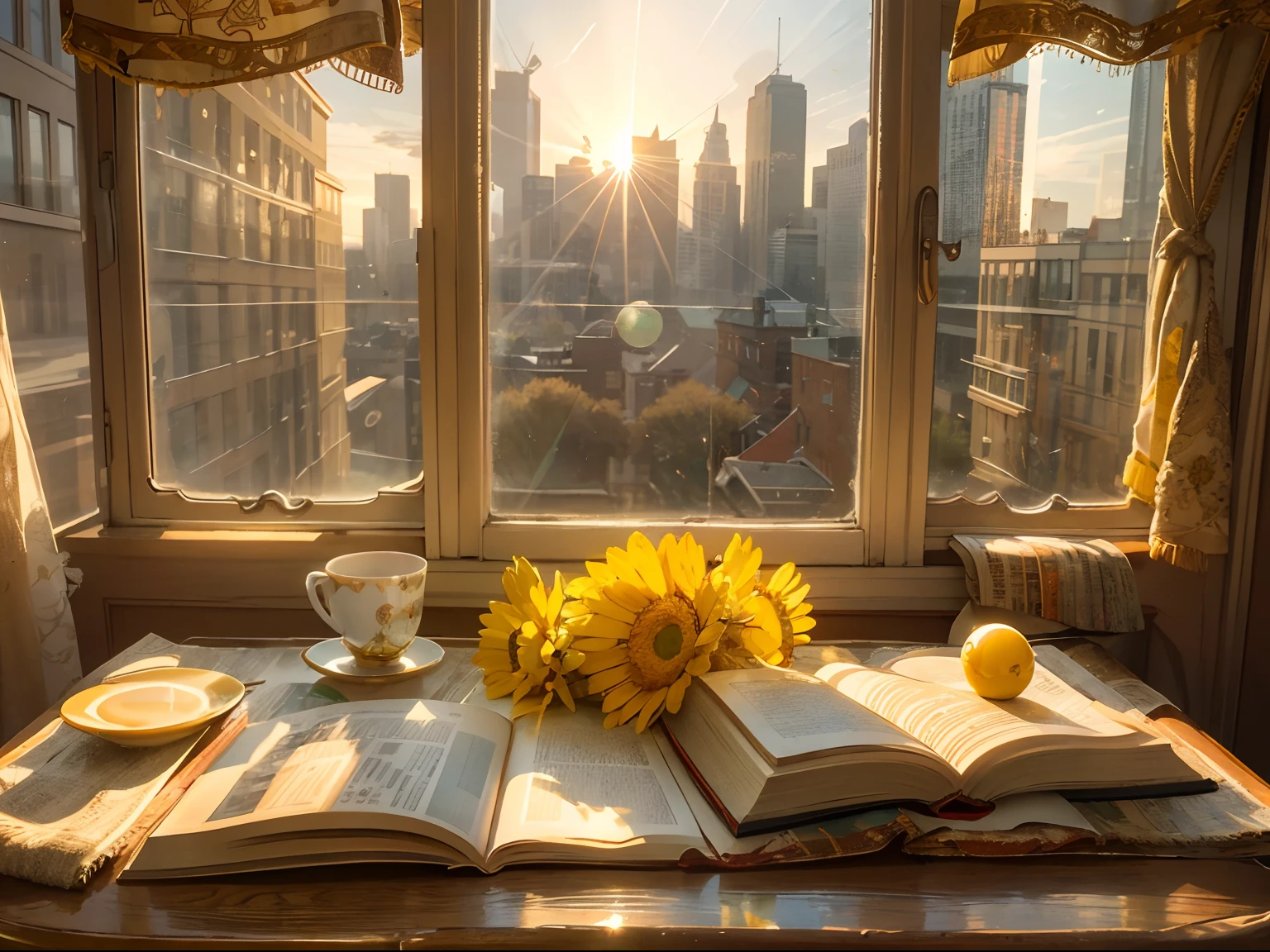 Peaceful morning in the city，The desk sits by the window，An open book is placed in the middle of the table，Next to the book is a cup of tea，The sun shines on the book，You can see the rising sun through the window，Golden yellow tones，Very detailed，Perfect stills，high-definition photograph，8K