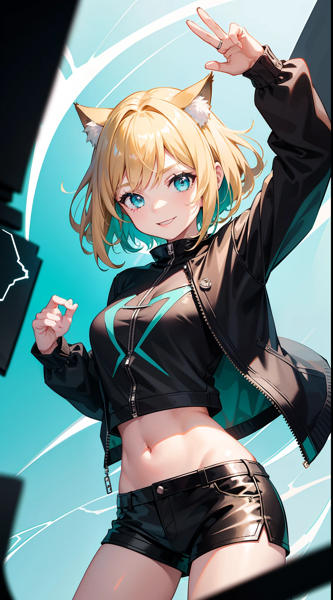 young girl, short blonde hair, turquoise eyes, smile, cat ears, black top, black shorts, green jacket, open belly, lightning, Masterpiece, hiquality, 4k, HD, Good detail