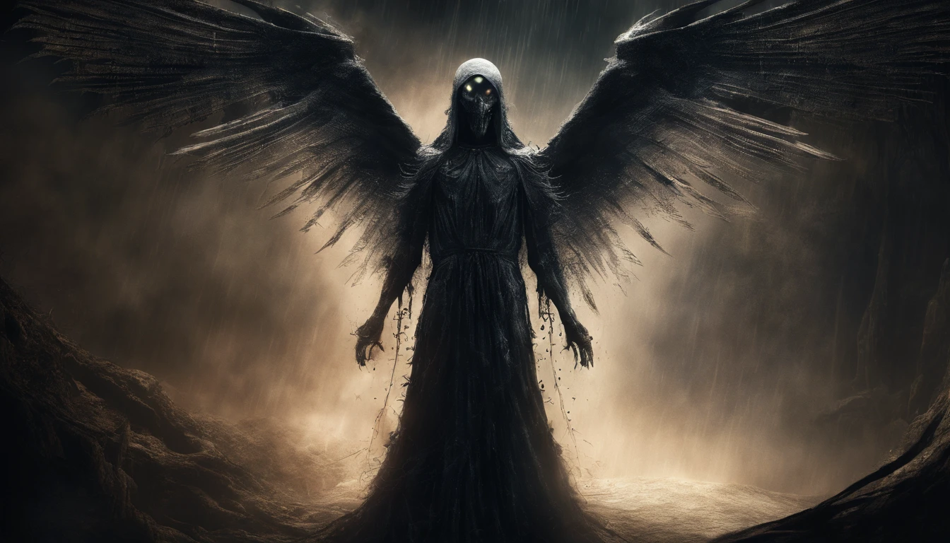 Cosmic Fallen Angel, Glowing bright eyes, biomechanical, Creepy, Creepy, nightmarish, Very bright colors, light particles, with luminous light, Wallpaper Art, UHD wallpaper,medieval garb