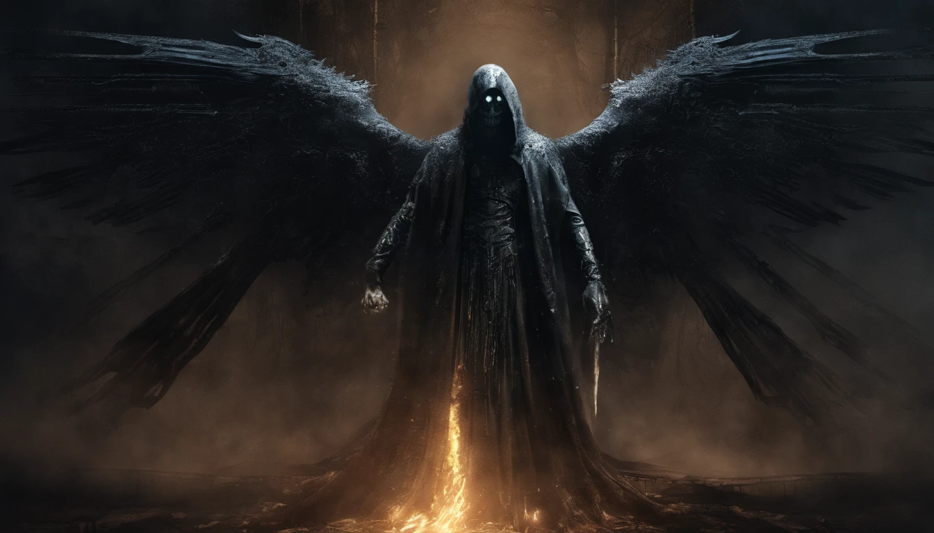 Cosmic Fallen Angel, Glowing bright eyes, biomechanical, Creepy, Creepy, nightmarish, Very bright colors, light particles, with luminous light, Wallpaper Art, UHD wallpaper,medieval garb
