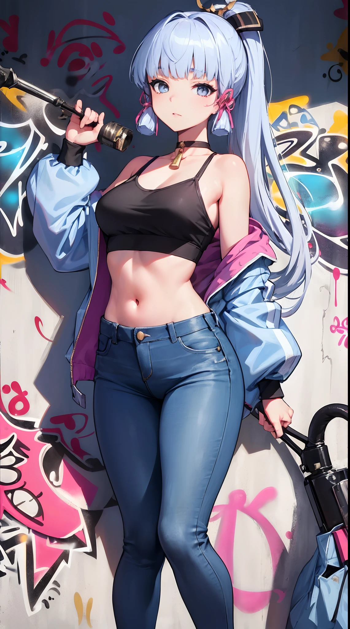 kamisato ayaka|genshin impact, master-piece, bestquality, 1girls,20 age, proportional body, Modern sci-fi costumes, Long Jeans, oversized breasts, ,bara, choker, (Graffiti:1.5), Splash with purple lightning pattern., arm behind back, View viewers from the front., Thigh strap, Head tilt, bored,